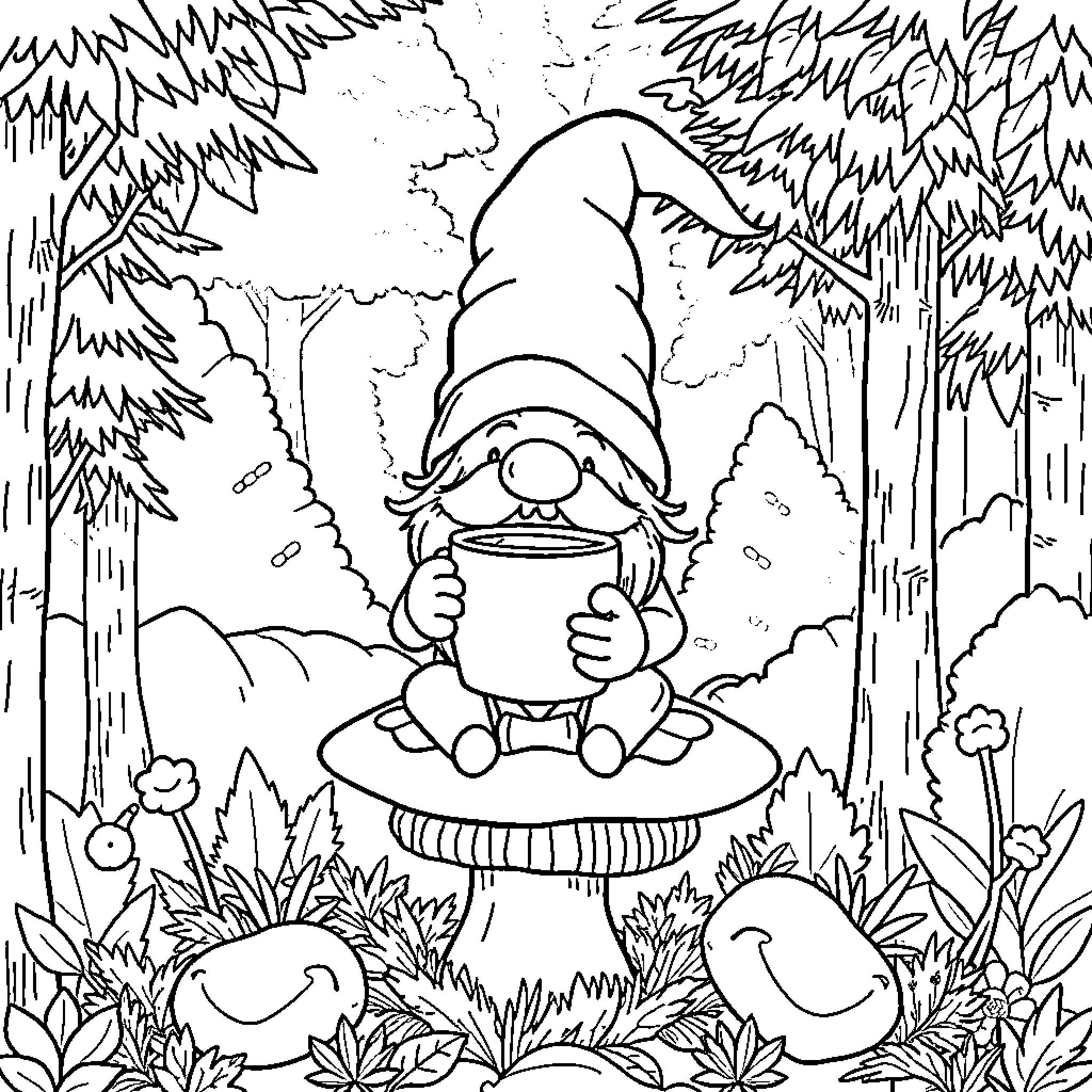 Gnome resting peacefully in the enchanted forest Coloring Page (free black-and-white line drawing printable PDF for all, from beginners to advanced learners, including children, teens, adults, and seniors)