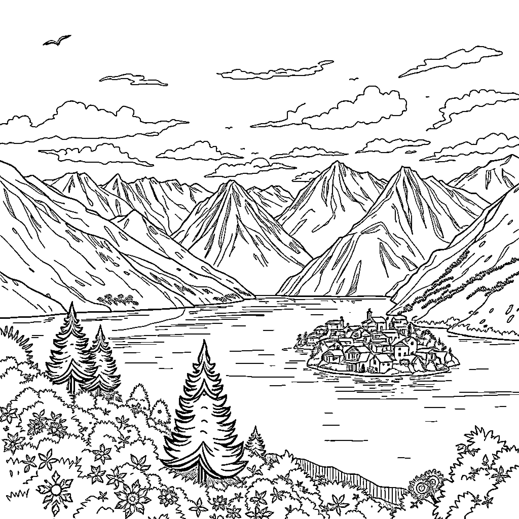 Mountain Lake Scenic Landscape with Village Coloring Page (free black-and-white line drawing printable PDF for all, from beginners to advanced learners, including children, teens, adults, and seniors)