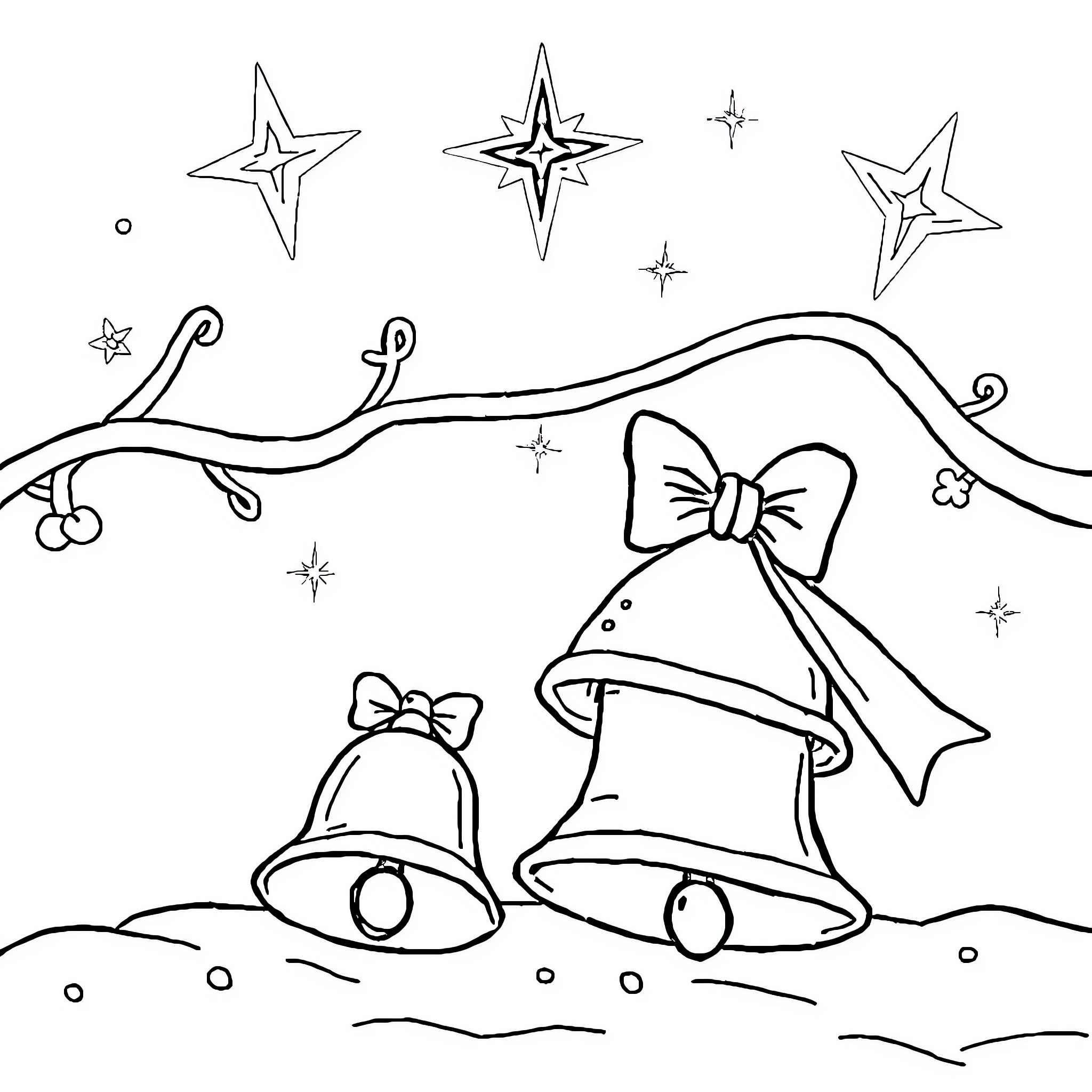 Playful Festive Bells and Stars Coloring Page (free black-and-white line drawing printable PDF for all, from beginners to advanced learners, including children, teens, adults, and seniors)