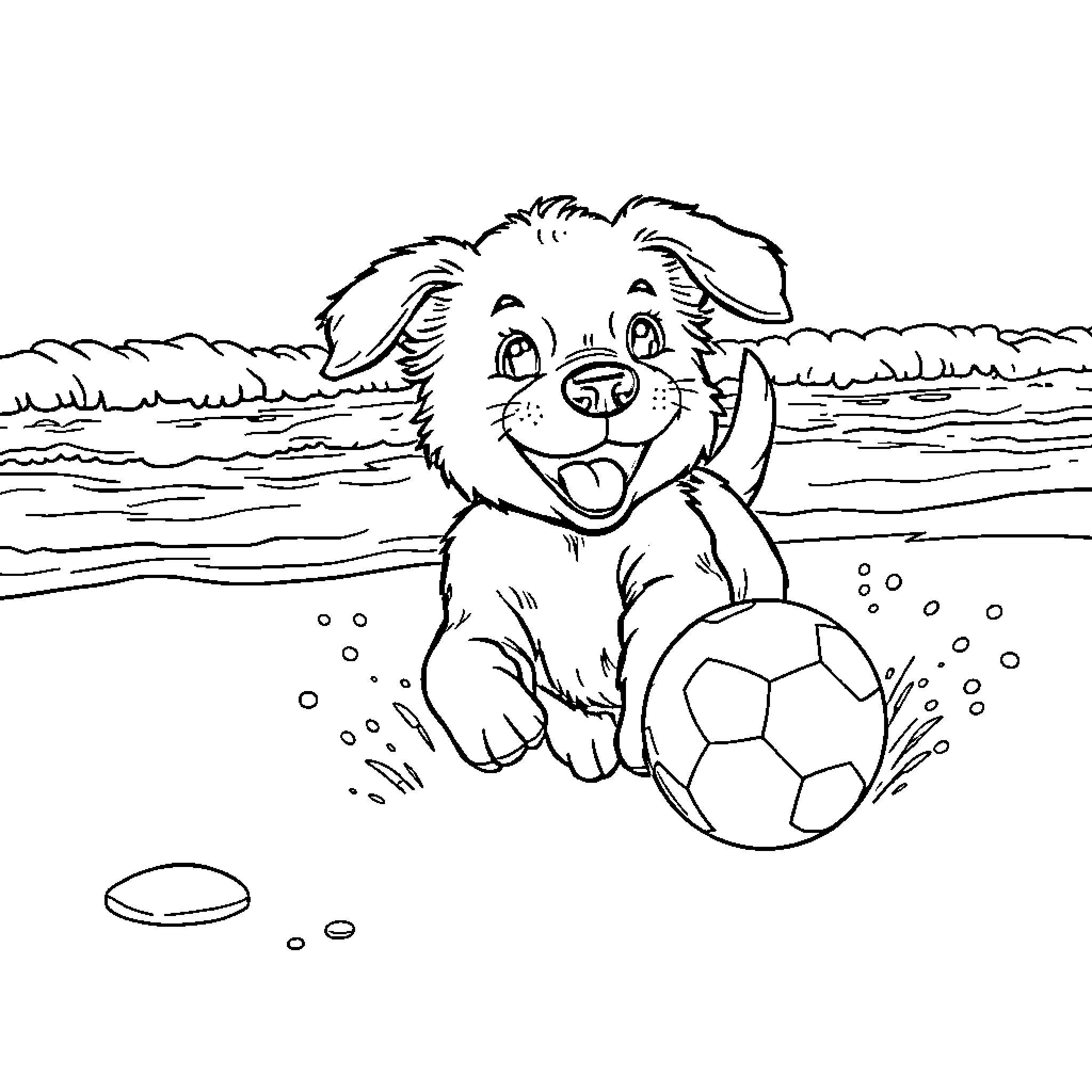 Puppy playing with soccer ball on beach Coloring Page (free black-and-white line drawing printable PDF for all, from beginners to advanced learners, including children, teens, adults, and seniors)