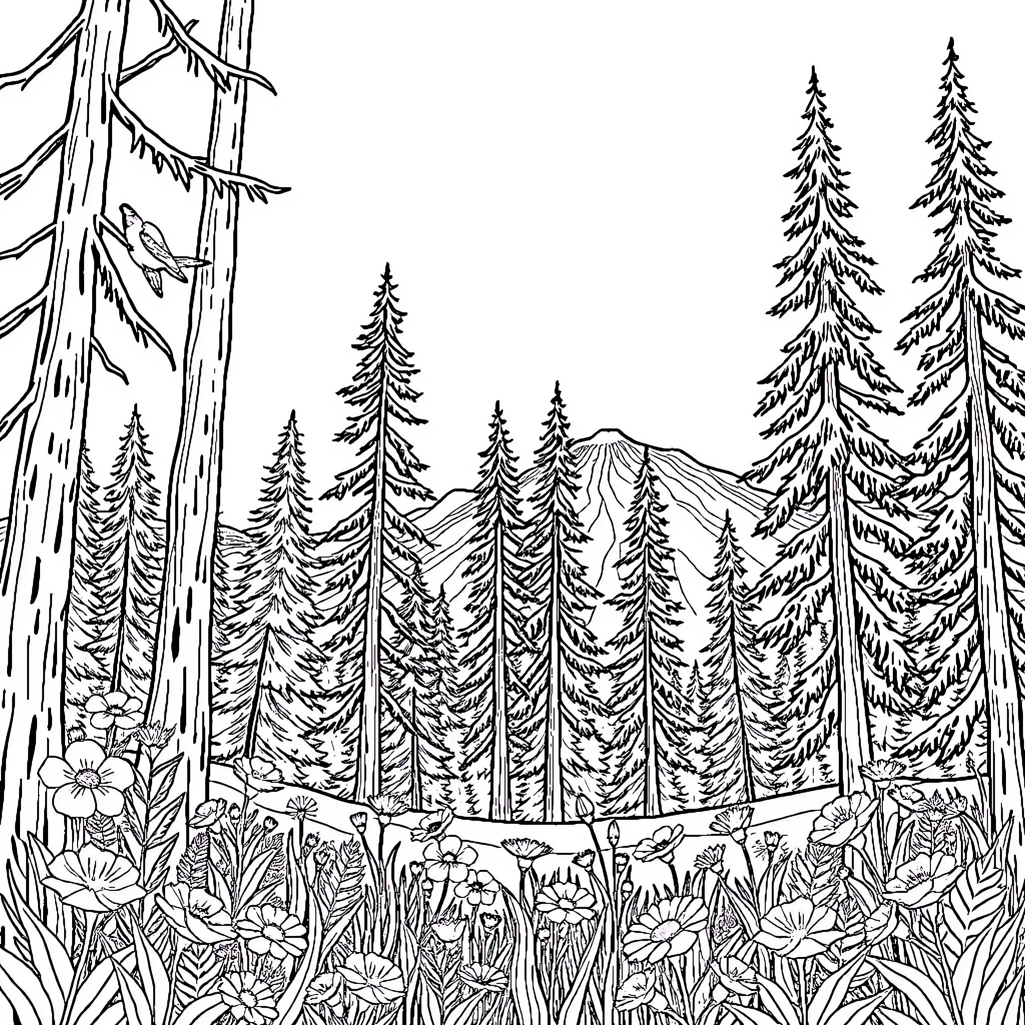 Nature's Tranquil Forest Scene Coloring Page (free black-and-white line drawing printable PDF for all, from beginners to advanced learners, including children, teens, adults, and seniors)