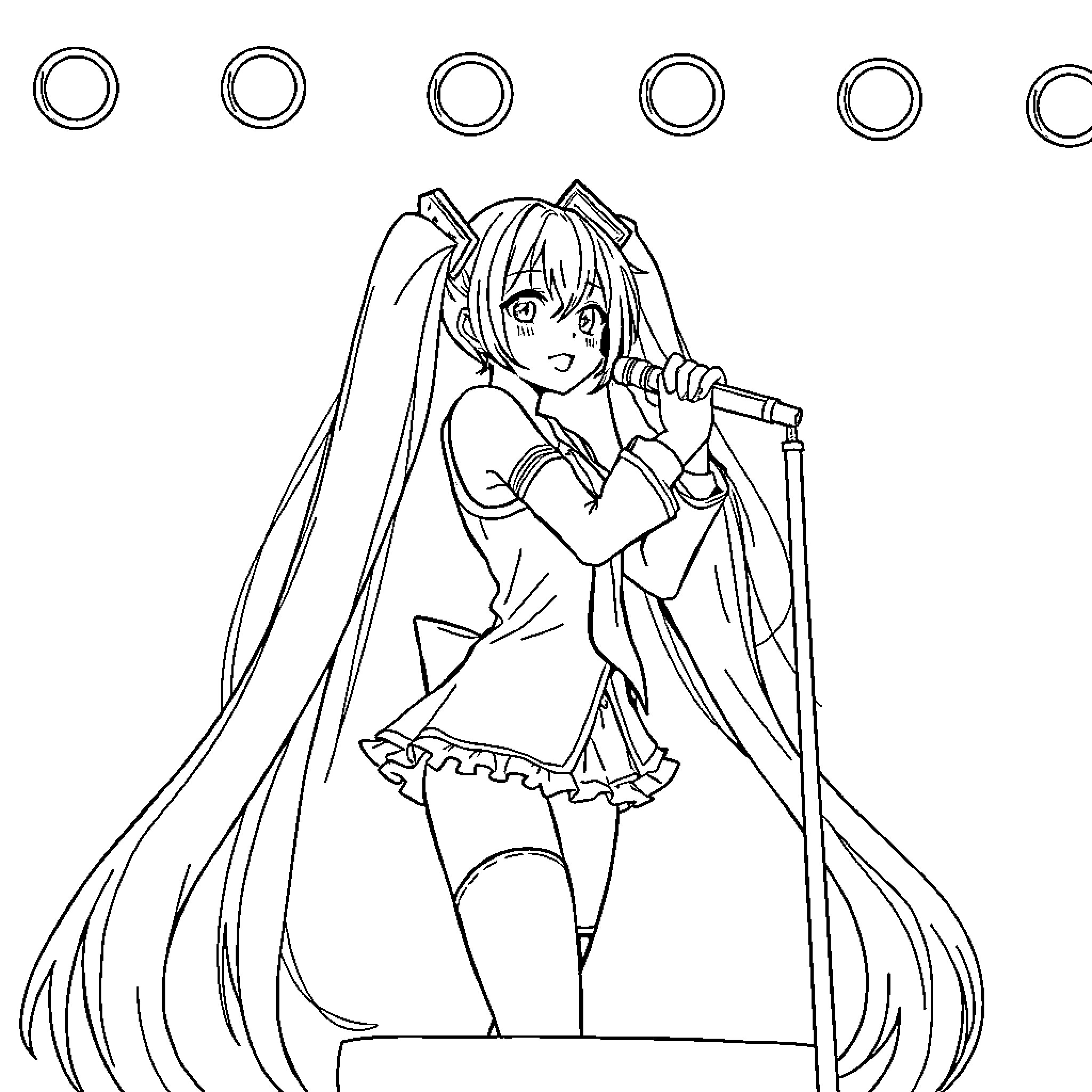 Hatsune Miku performing on stage with microphone Coloring Page (free black-and-white line drawing printable PDF for all, from beginners to advanced learners, including children, teens, adults, and seniors)