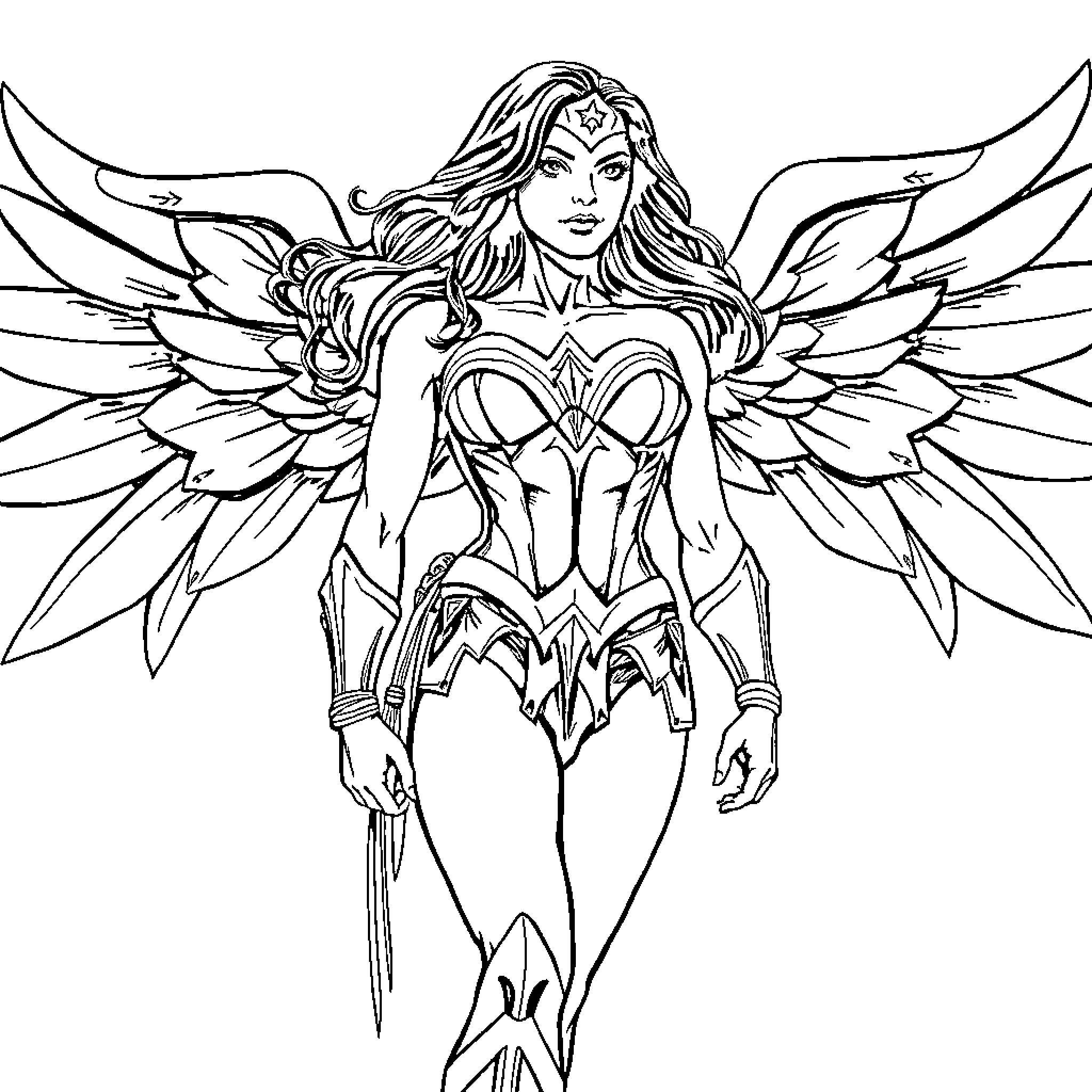 Wonder Woman in heroic winged costume Coloring Page (free black-and-white line drawing printable PDF for all, from beginners to advanced learners, including children, teens, adults, and seniors)
