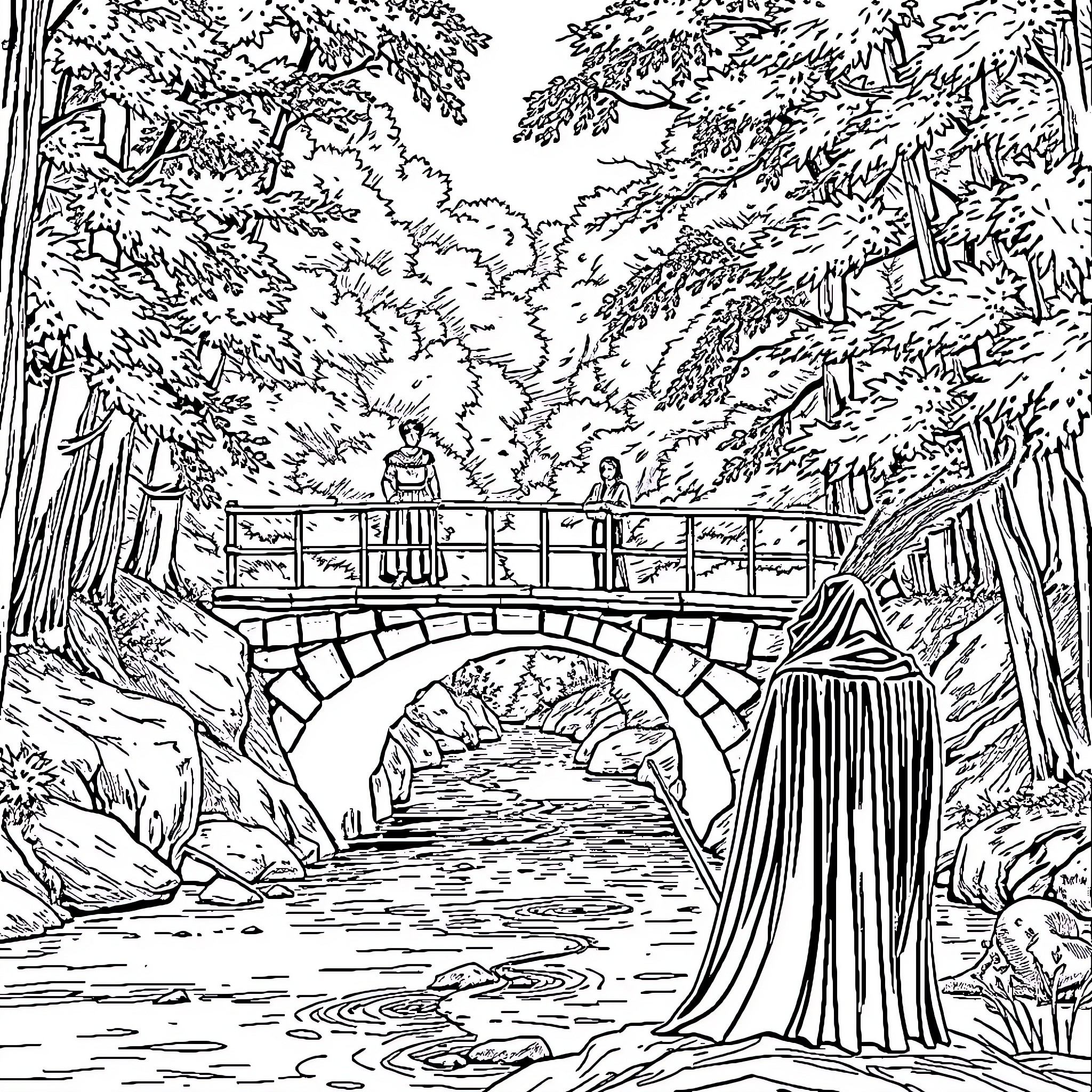 Pont Over the Peaceful Forest Stream Coloring Page (free black-and-white line drawing printable PDF for all, from beginners to advanced learners, including children, teens, adults, and seniors)