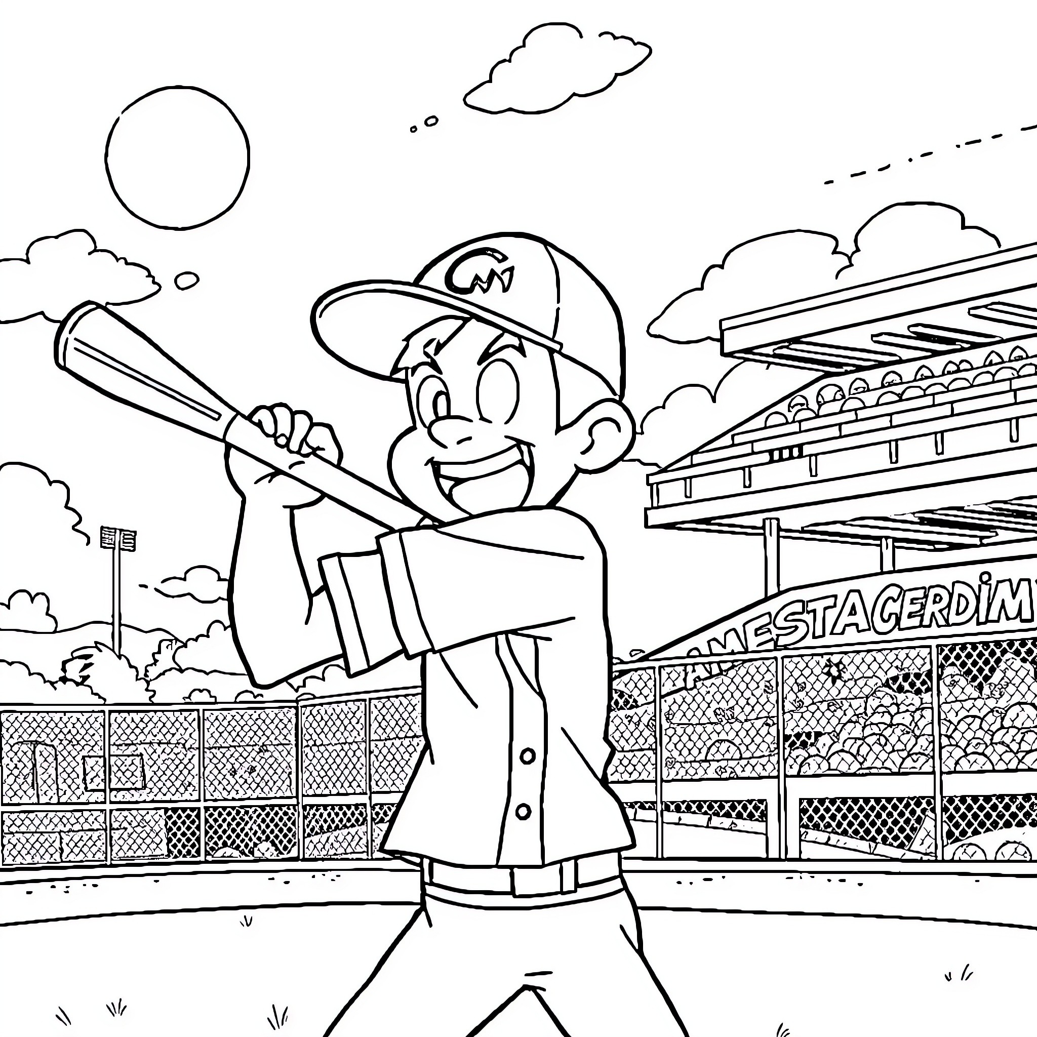 Miles Morales playing baseball on the field Coloring Page (free black-and-white line drawing printable PDF for all, from beginners to advanced learners, including children, teens, adults, and seniors)