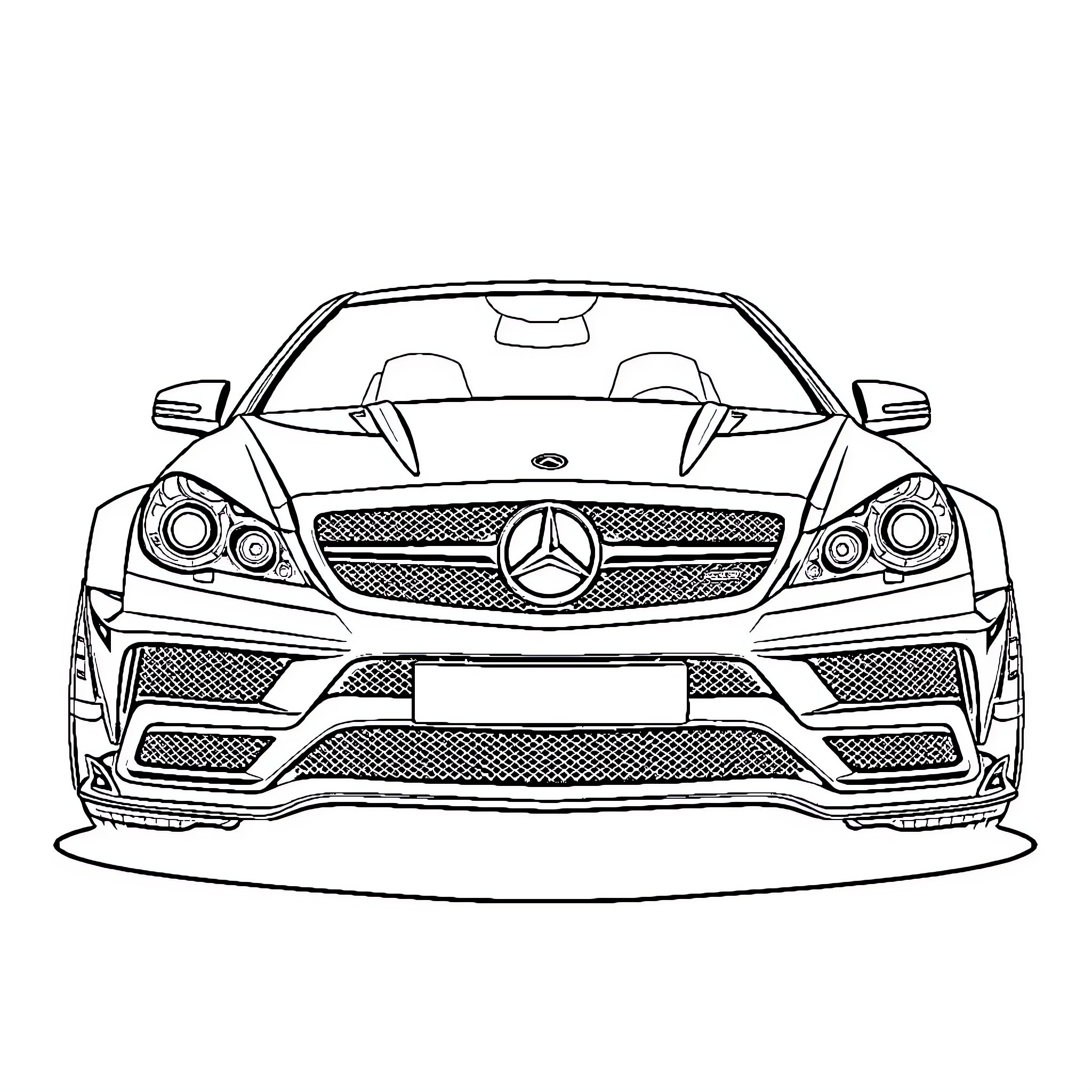Mercedes-Benz Sports Car Front View Coloring Page (free black-and-white line drawing printable PDF for all, from beginners to advanced learners, including children, teens, adults, and seniors)