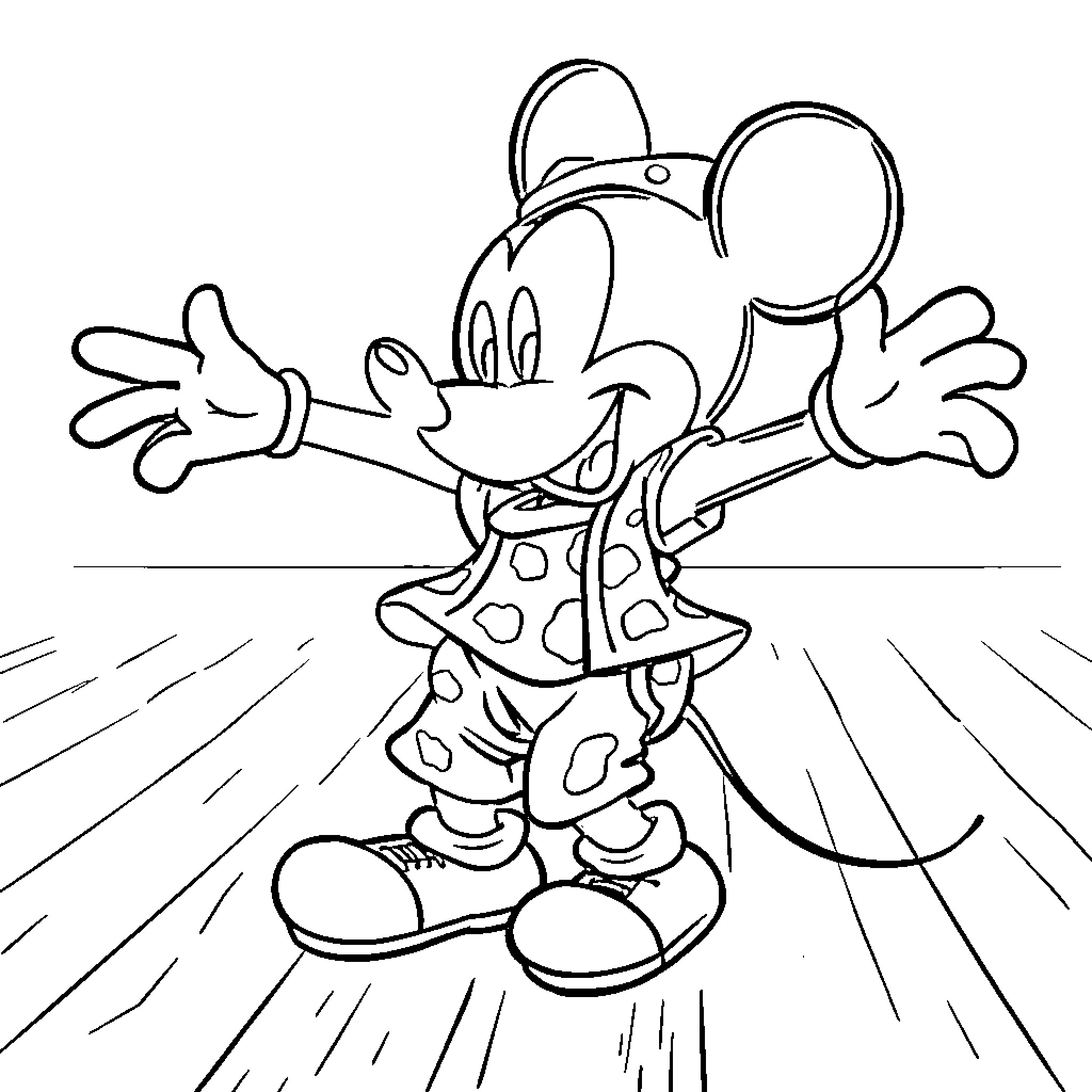 Mickey Mouse in a Playful Pose Coloring Page (free black-and-white line drawing printable PDF for all, from beginners to advanced learners, including children, teens, adults, and seniors)