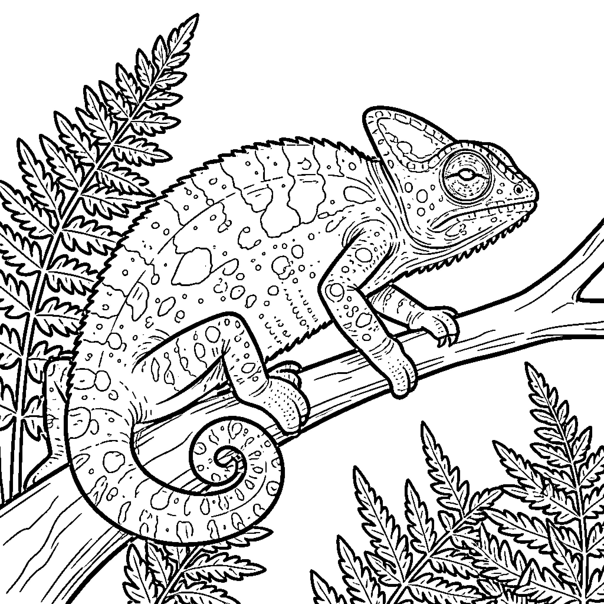 Chameleon resting on a tree branch near ferns Coloring Page (free black-and-white line drawing printable PDF for all, from beginners to advanced learners, including children, teens, adults, and seniors)
