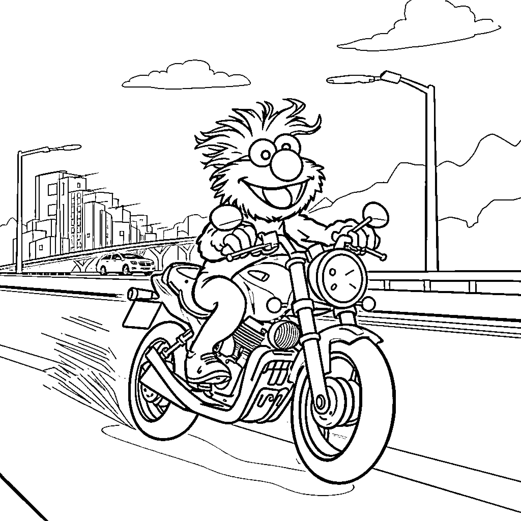 Elmo enjoying a motorcycle ride through the city Coloring Page (free black-and-white line drawing printable PDF for all, from beginners to advanced learners, including children, teens, adults, and seniors)