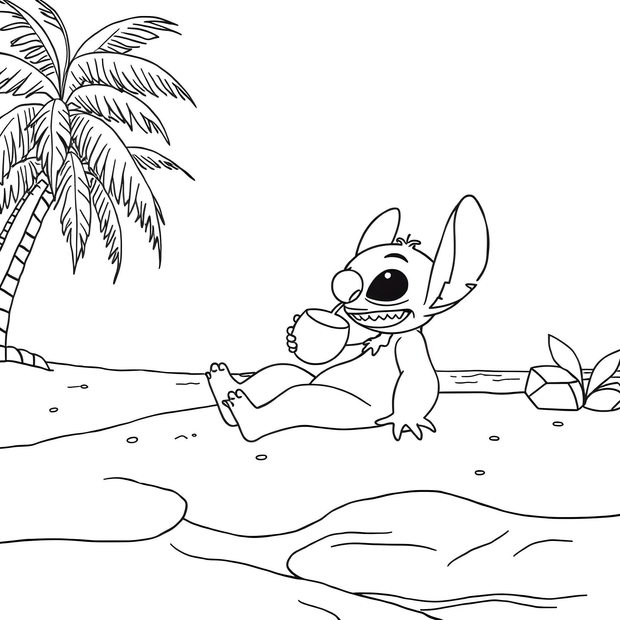 Stitch relaxing on the beach under palm trees Coloring Page (free black-and-white line drawing printable PDF for all, from beginners to advanced learners, including children, teens, adults, and seniors)