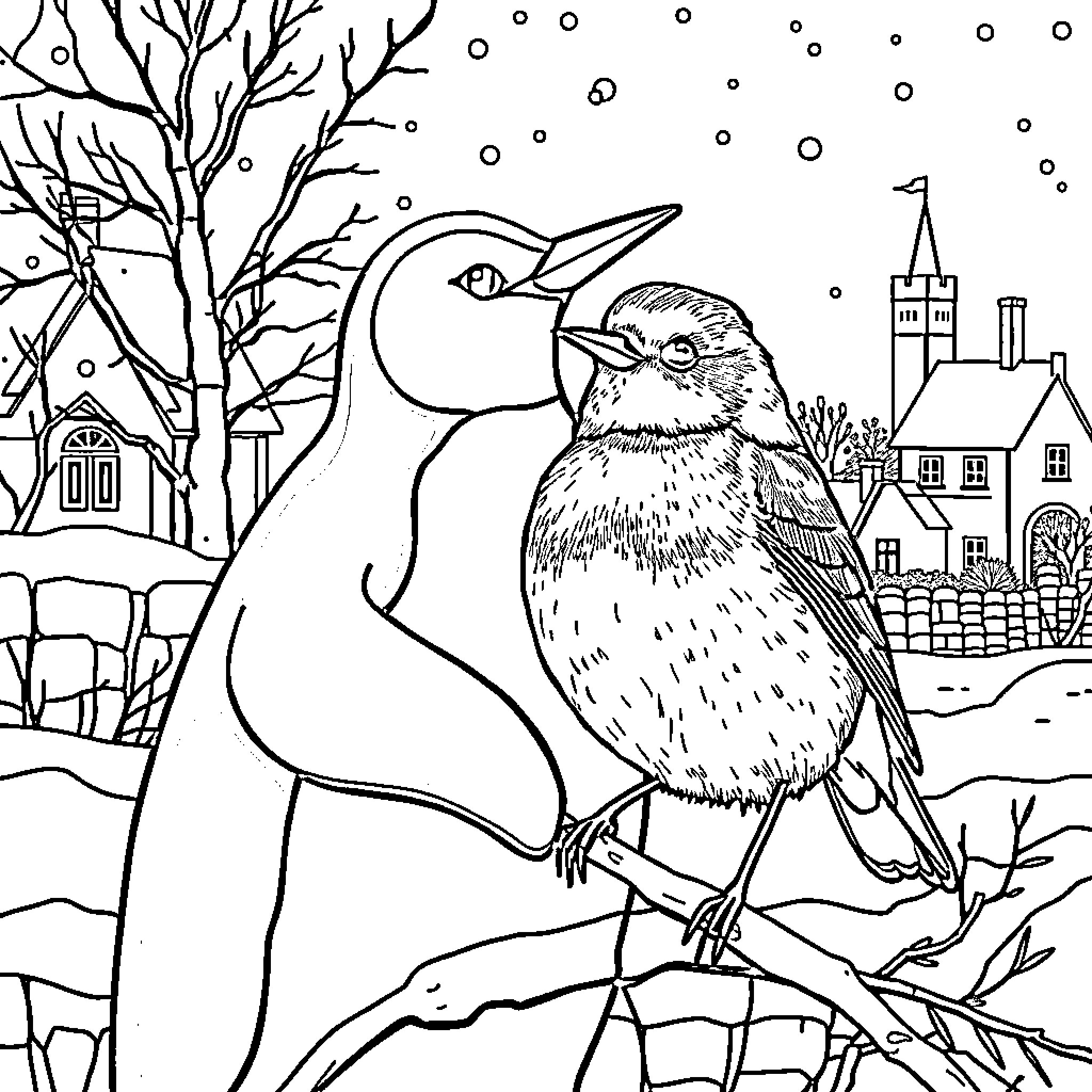Bird in snowy winter scene with village Coloring Page (free black-and-white line drawing printable PDF for all, from beginners to advanced learners, including children, teens, adults, and seniors)