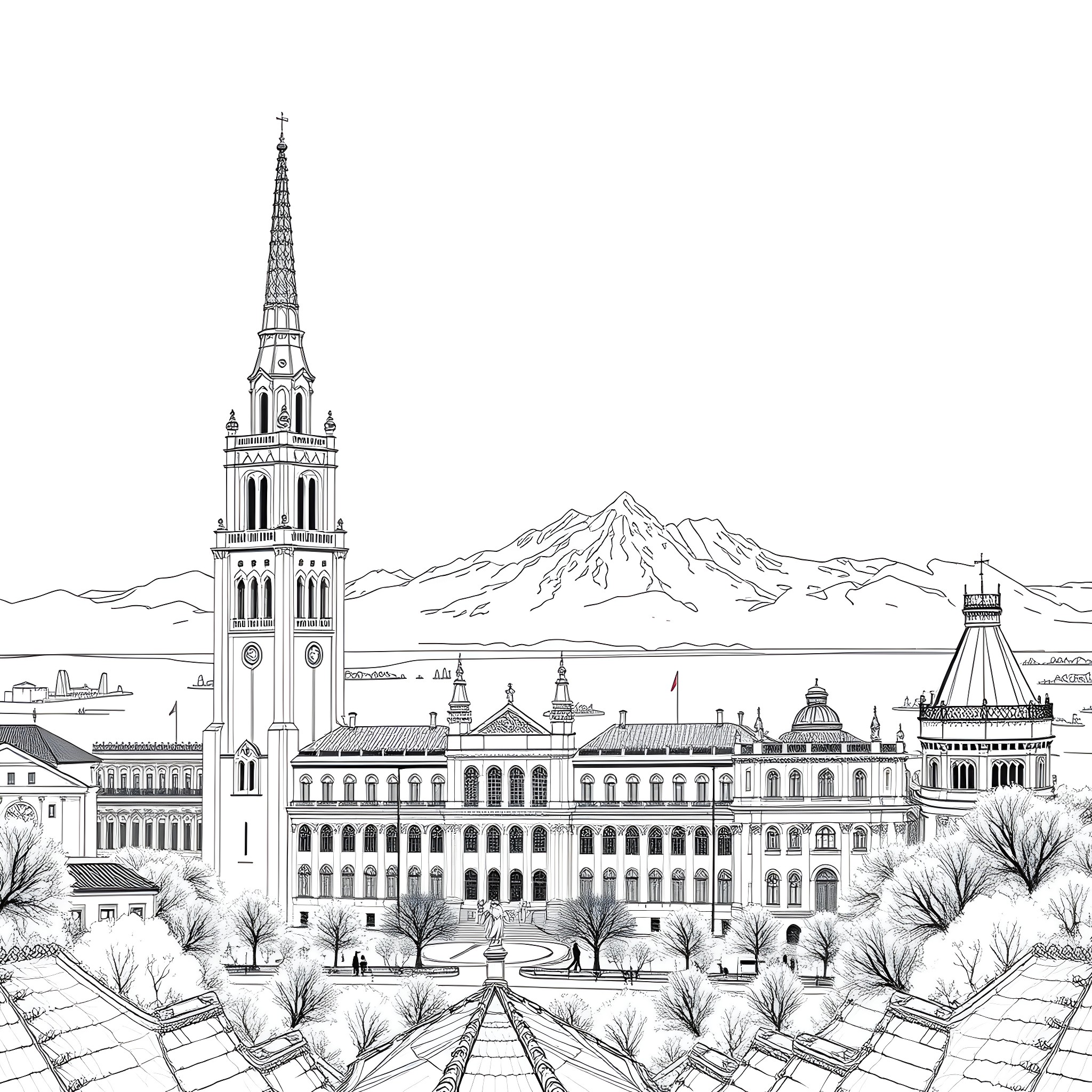 Skyline view of historic European city with church spire Coloring Page (free black-and-white line drawing printable PDF for all, from beginners to advanced learners, including children, teens, adults, and seniors)