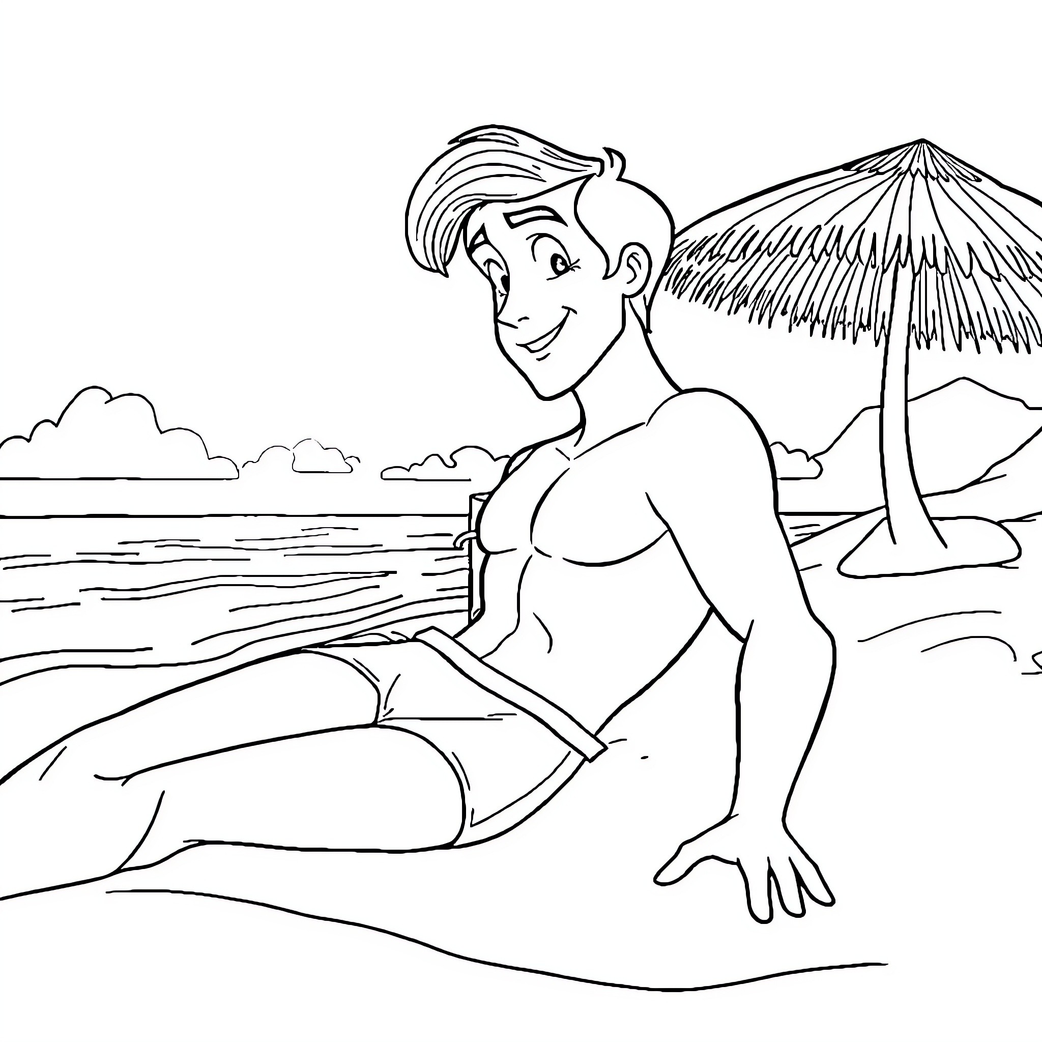 Prince Eric relaxing on the beach in the sun Coloring Page (free black-and-white line drawing printable PDF for all, from beginners to advanced learners, including children, teens, adults, and seniors)