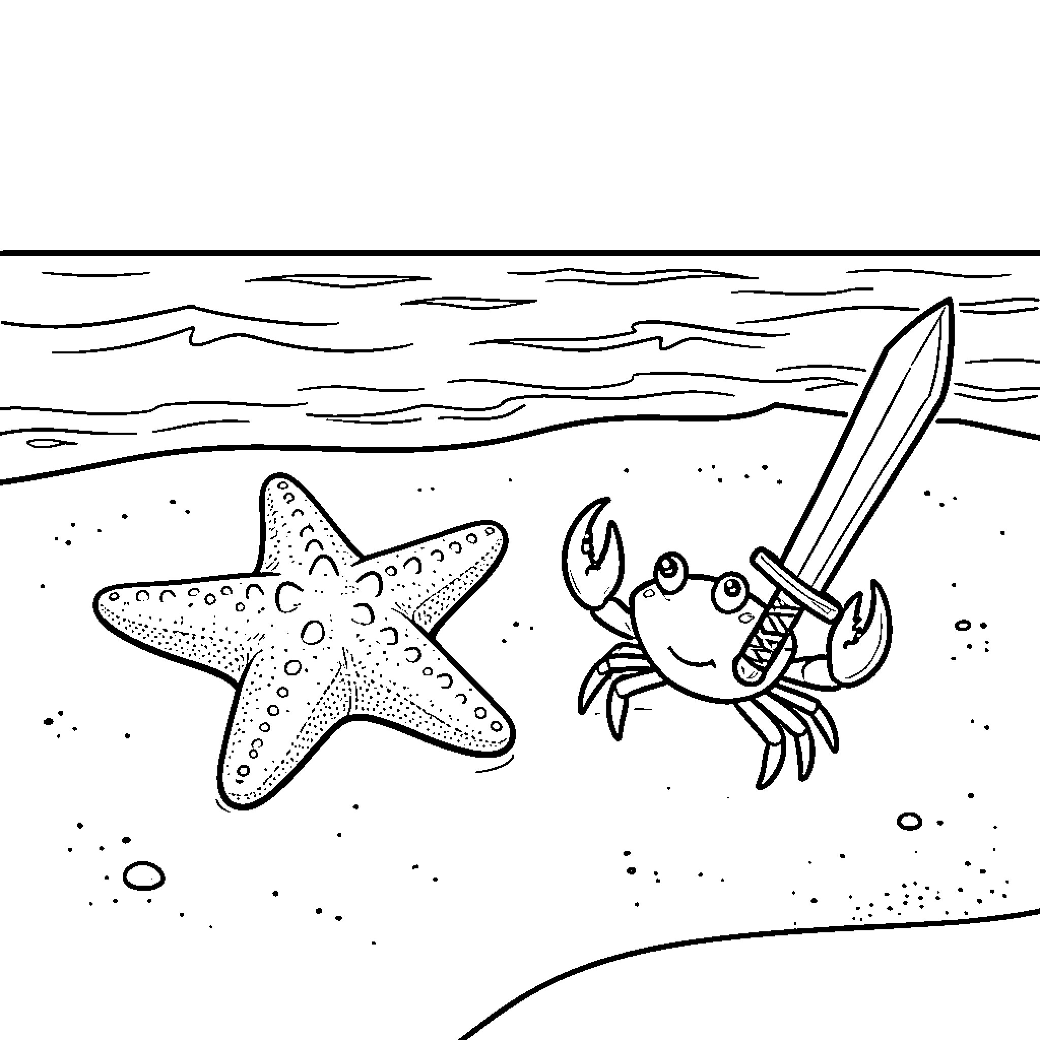 Seastar watching a brave crab wielding a sword Coloring Page (free black-and-white line drawing printable PDF for all, from beginners to advanced learners, including children, teens, adults, and seniors)