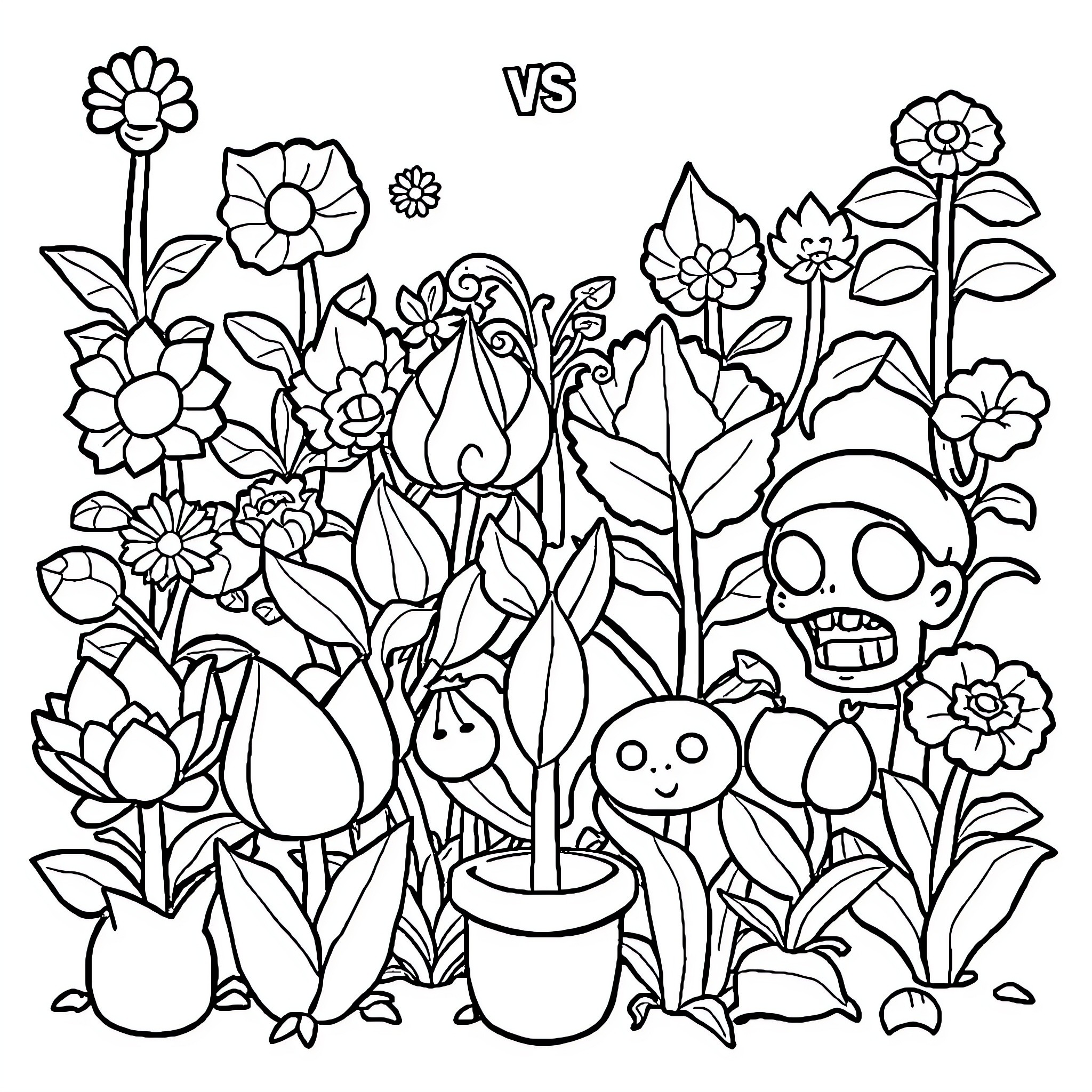 Plants vs. Zombies: Whimsical Garden Battle Coloring Page (free black-and-white line drawing printable PDF for all, from beginners to advanced learners, including children, teens, adults, and seniors)