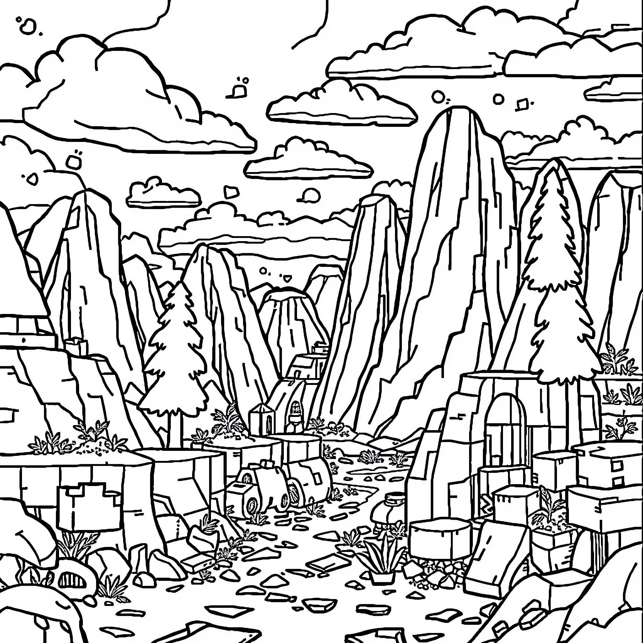 Minecraft Mountainous Landscape with Clouds and Wildlife Coloring Page (free black-and-white line drawing printable PDF for all, from beginners to advanced learners, including children, teens, adults, and seniors)