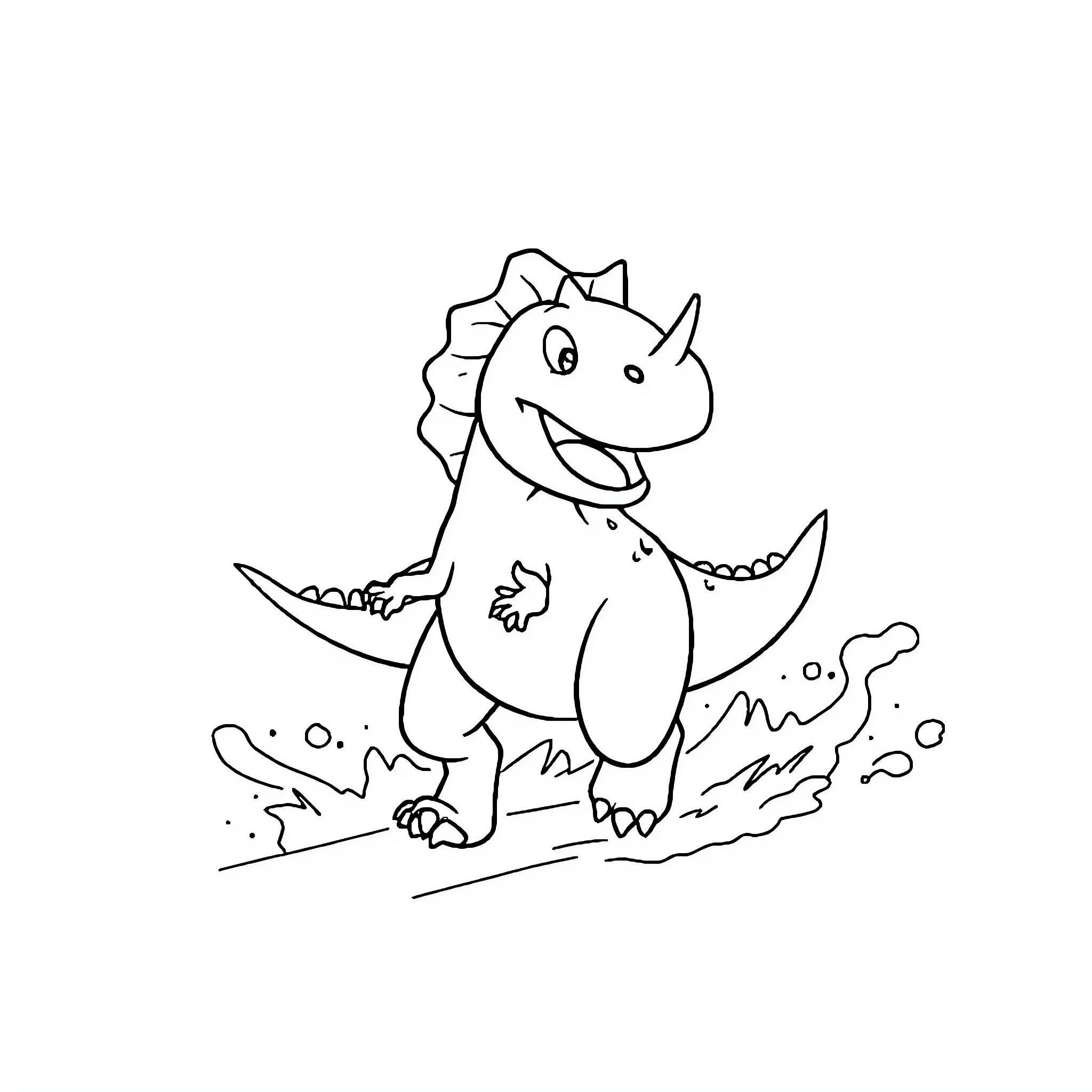 Carnotaurus playing happily in the mud Coloring Page (free black-and-white line drawing printable PDF for all, from beginners to advanced learners, including children, teens, adults, and seniors)