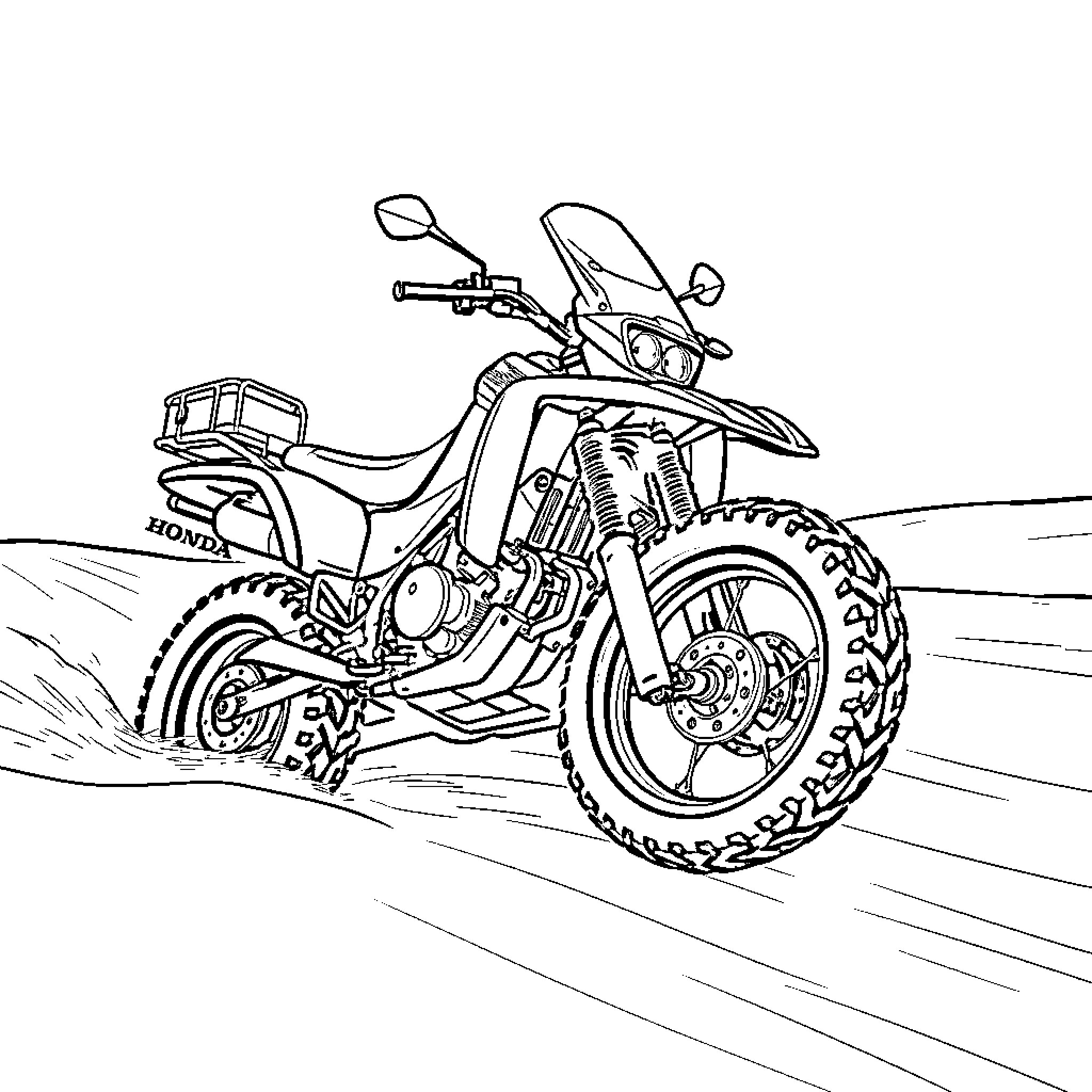 Honda ATC off-road adventure vehicle in motion Coloring Page (free black-and-white line drawing printable PDF for all, from beginners to advanced learners, including children, teens, adults, and seniors)