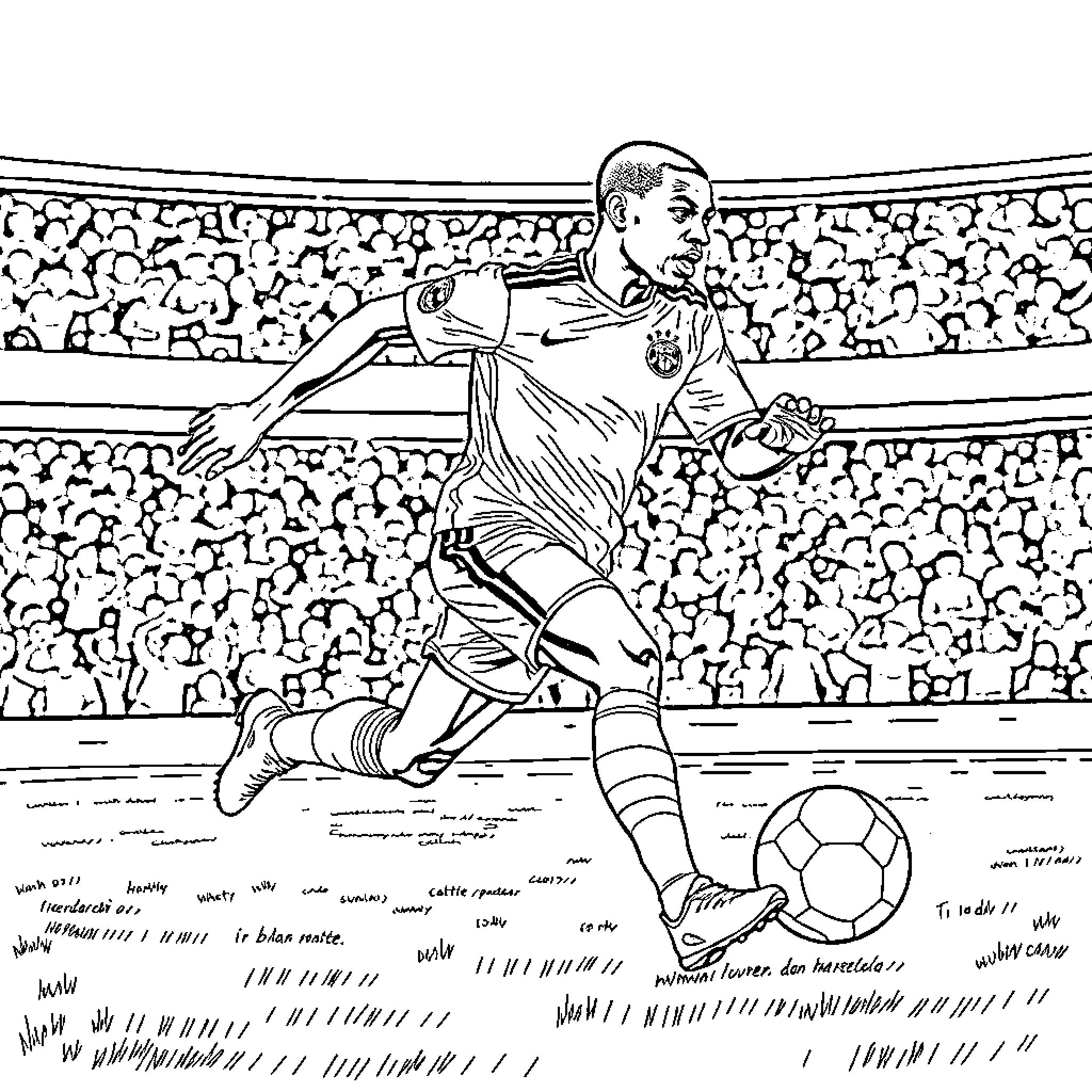 Mbappe dribbling a soccer ball during a match Coloring Page (free black-and-white line drawing printable PDF for all, from beginners to advanced learners, including children, teens, adults, and seniors)