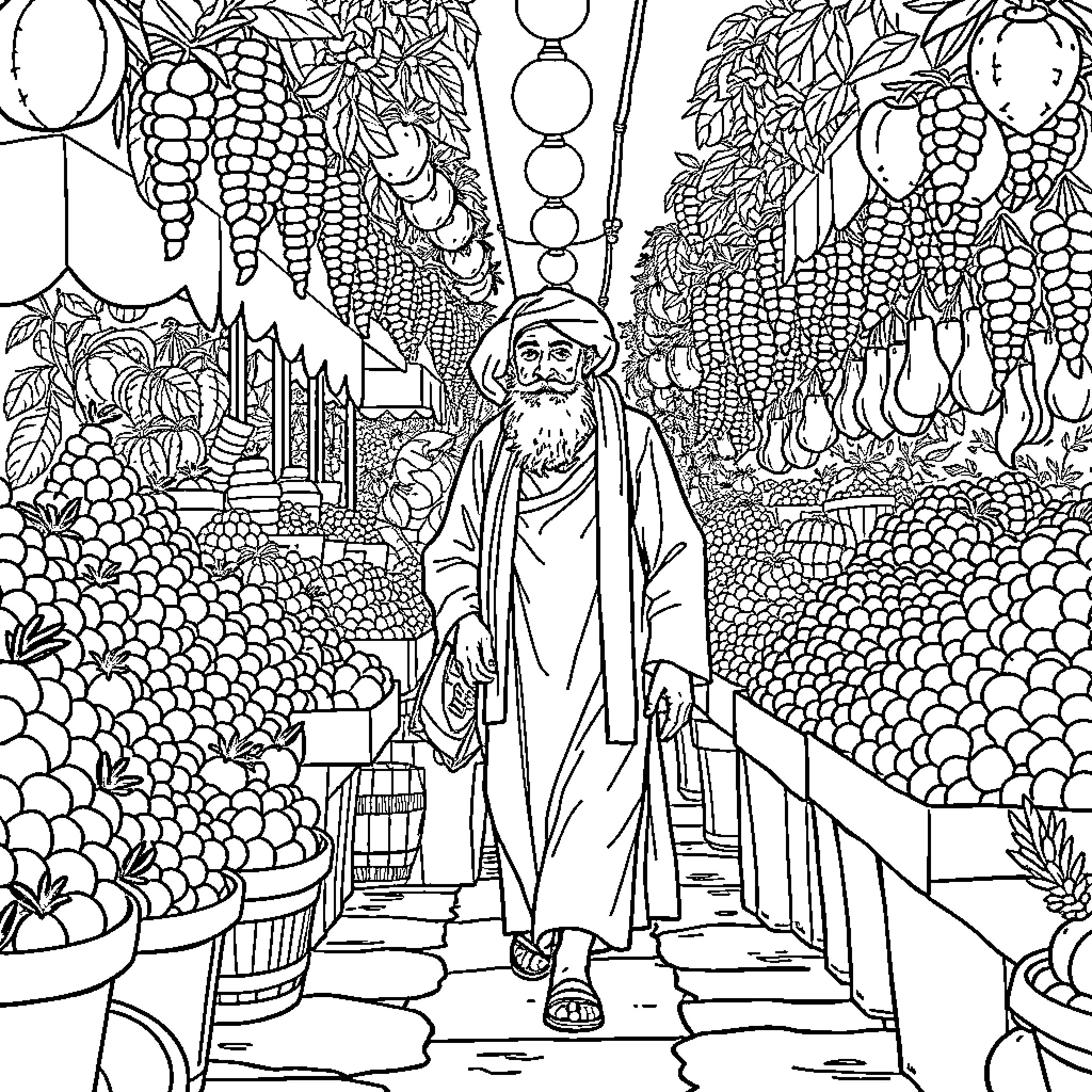 Rumi's Journey through the Bountiful Garden Coloring Page (free black-and-white line drawing printable PDF for all, from beginners to advanced learners, including children, teens, adults, and seniors)
