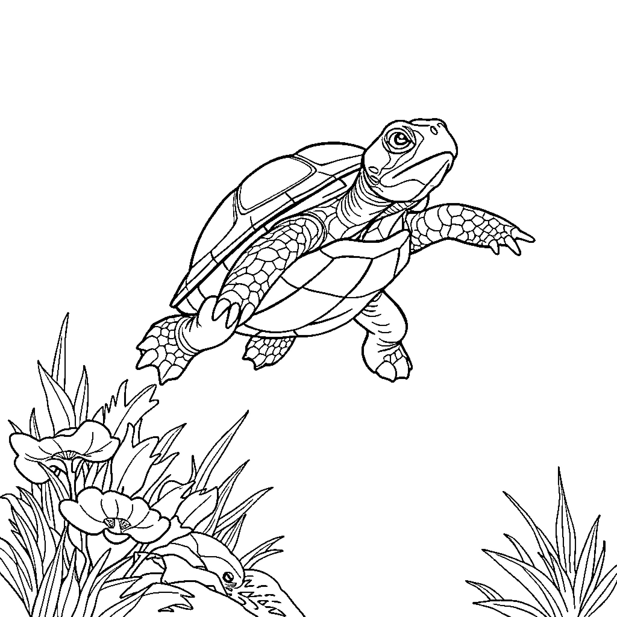 Turtle enjoying the outdoors amidst flowers Coloring Page (free black-and-white line drawing printable PDF for all, from beginners to advanced learners, including children, teens, adults, and seniors)