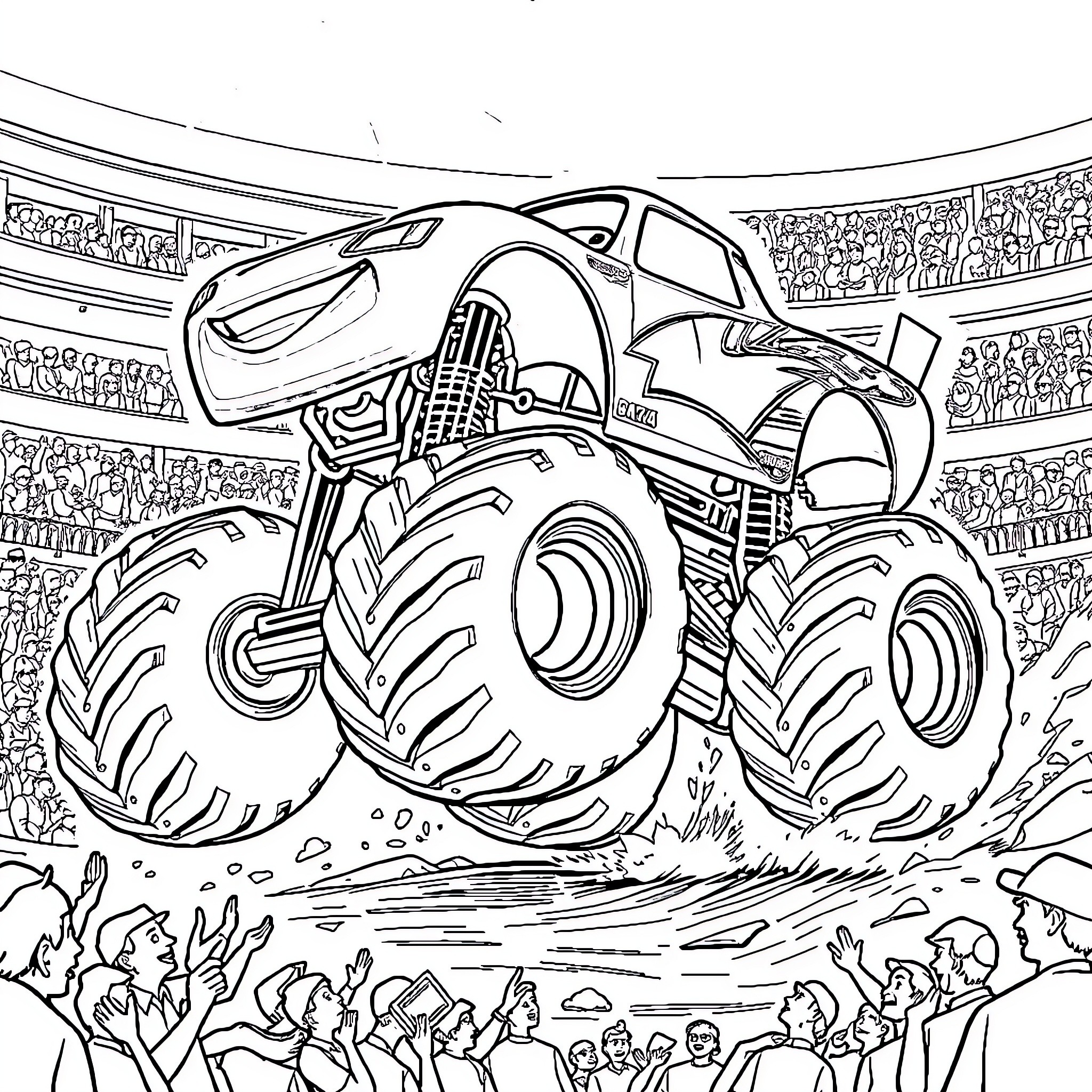 Lightning McQueen Racing Triumphantly in Monster Truck Stadium Coloring Page (free black-and-white line drawing printable PDF for all, from beginners to advanced learners, including children, teens, adults, and seniors)