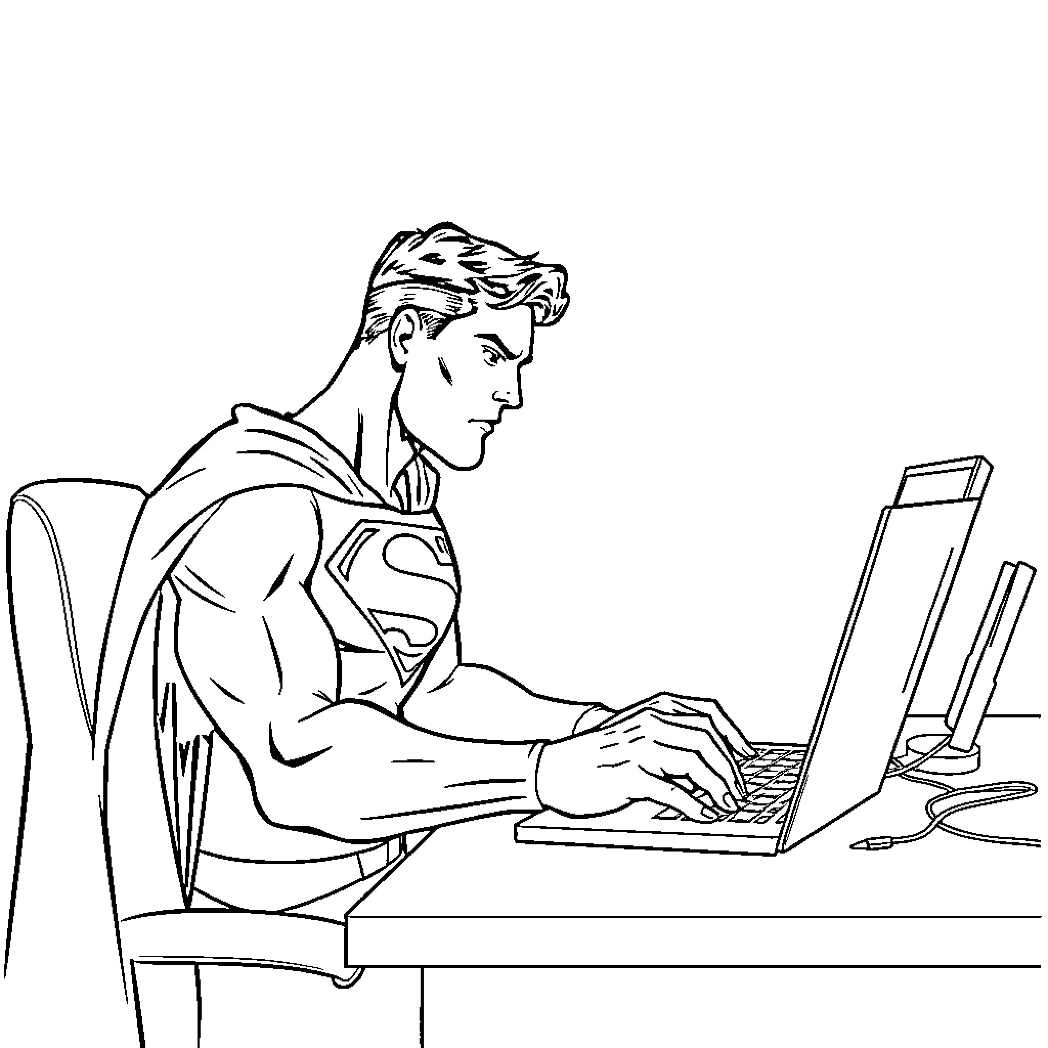 Superman working diligently on his computer Coloring Page (free black-and-white line drawing printable PDF for all, from beginners to advanced learners, including children, teens, adults, and seniors)