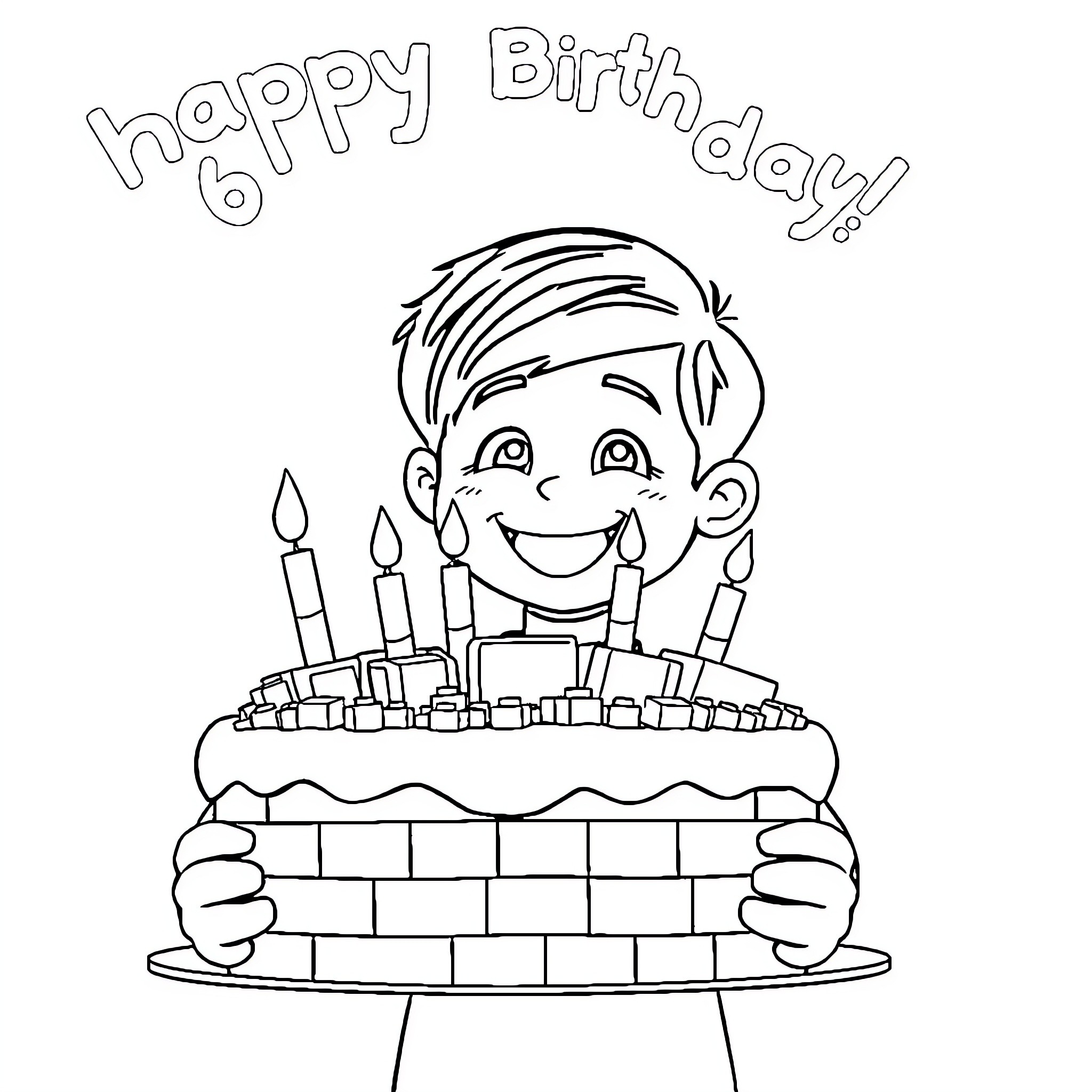 Boy celebrating his birthday with a cake Coloring Page (free black-and-white line drawing printable PDF for all, from beginners to advanced learners, including children, teens, adults, and seniors)