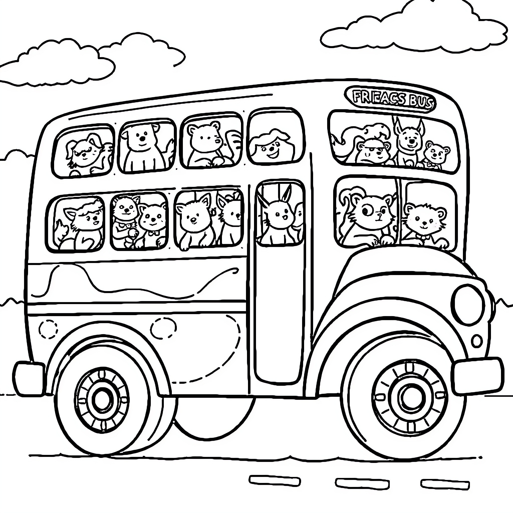 Bus full of cute animal friends on a journey Coloring Page (free black-and-white line drawing printable PDF for all, from beginners to advanced learners, including children, teens, adults, and seniors)