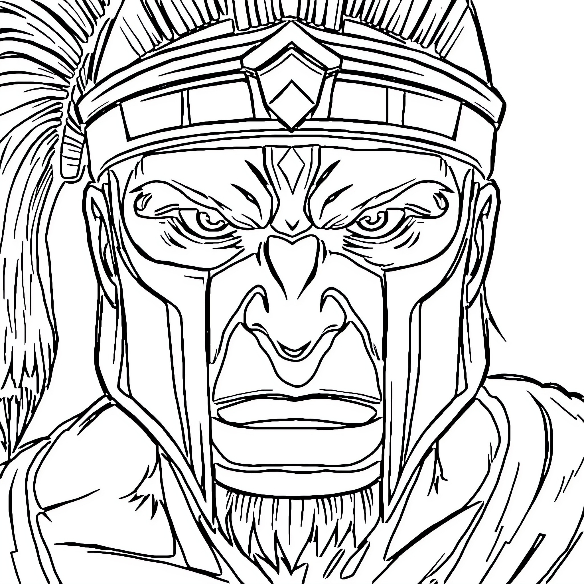 Spartan Soldier with Fierce Expression and Ornate Helmet Coloring Page (free black-and-white line drawing printable PDF for all, from beginners to advanced learners, including children, teens, adults, and seniors)