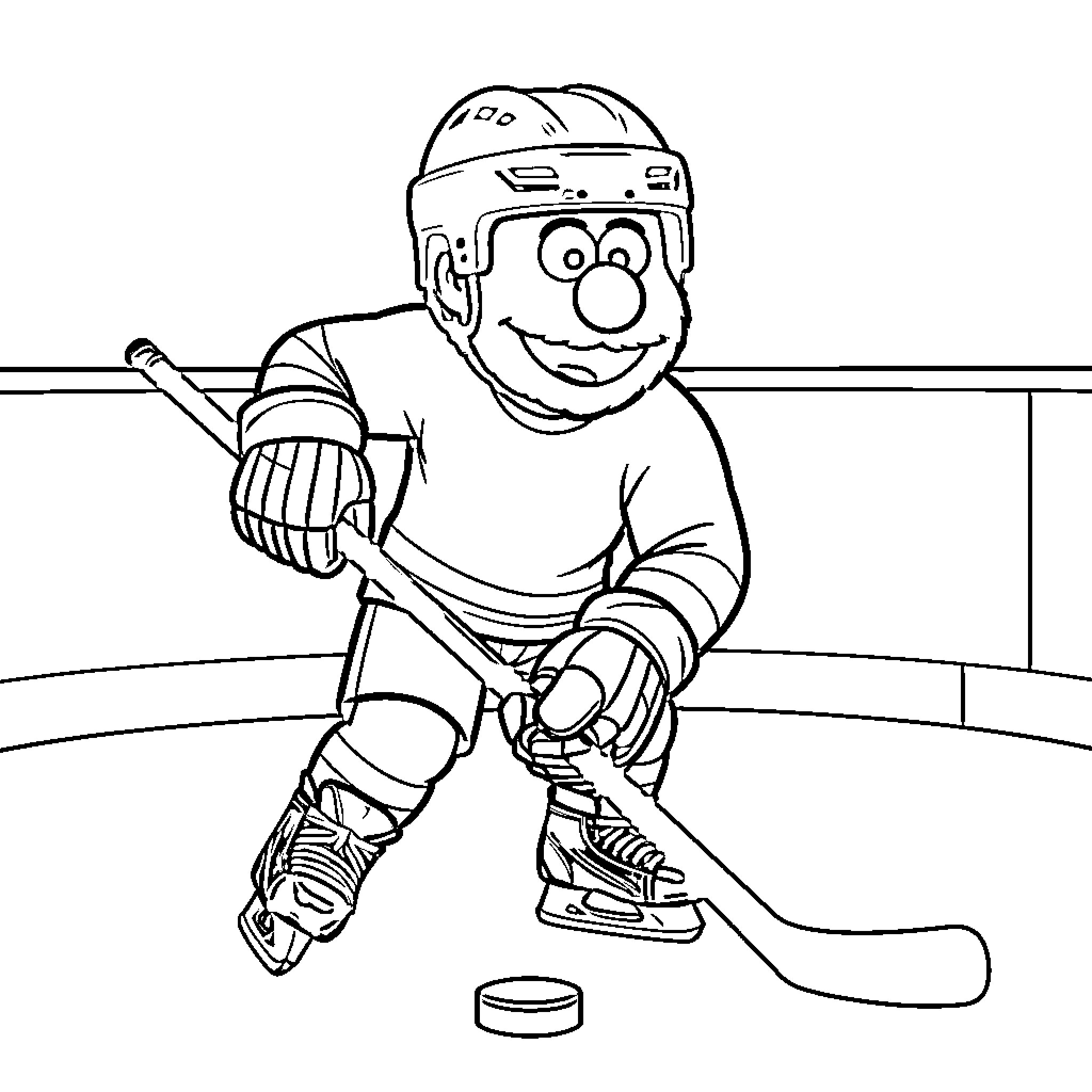 Elmo playing hockey on the rink Coloring Page (free black-and-white line drawing printable PDF for all, from beginners to advanced learners, including children, teens, adults, and seniors)