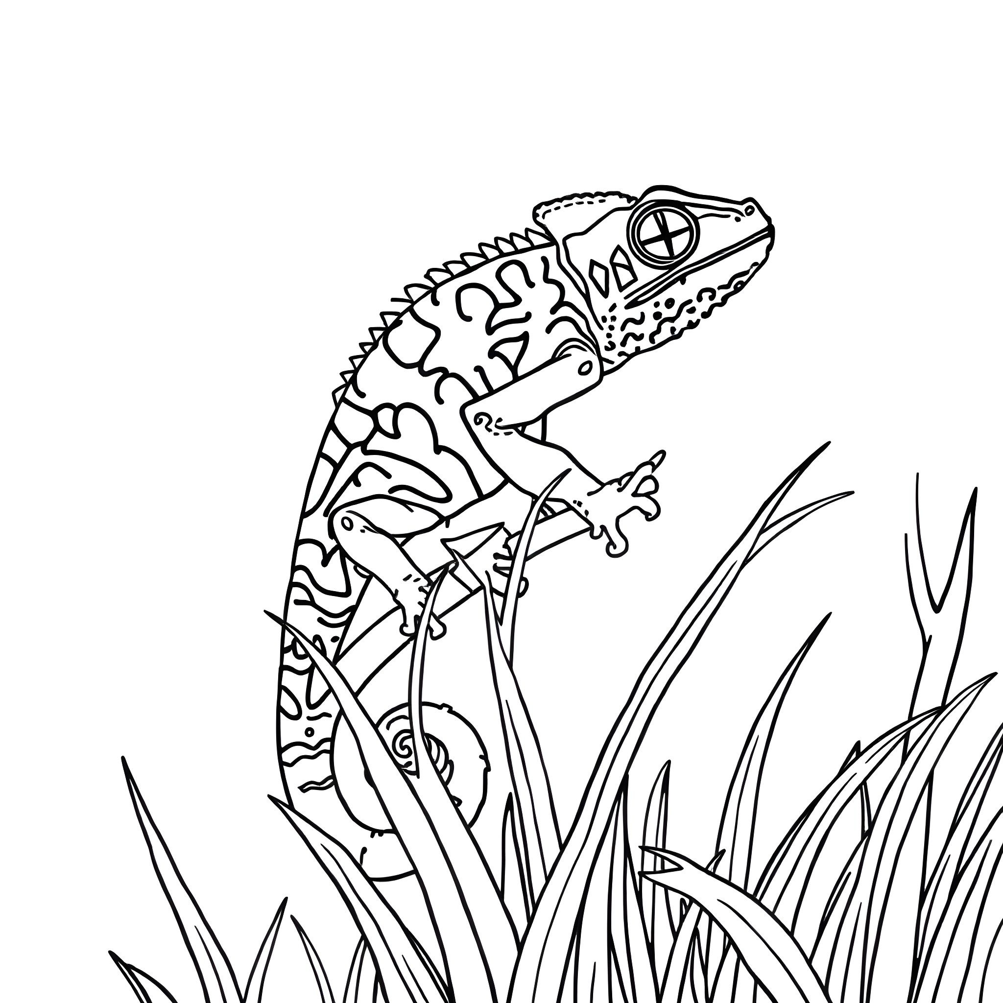 Chameleon exploring its surroundings Coloring Page (free black-and-white line drawing printable PDF for all, from beginners to advanced learners, including children, teens, adults, and seniors)