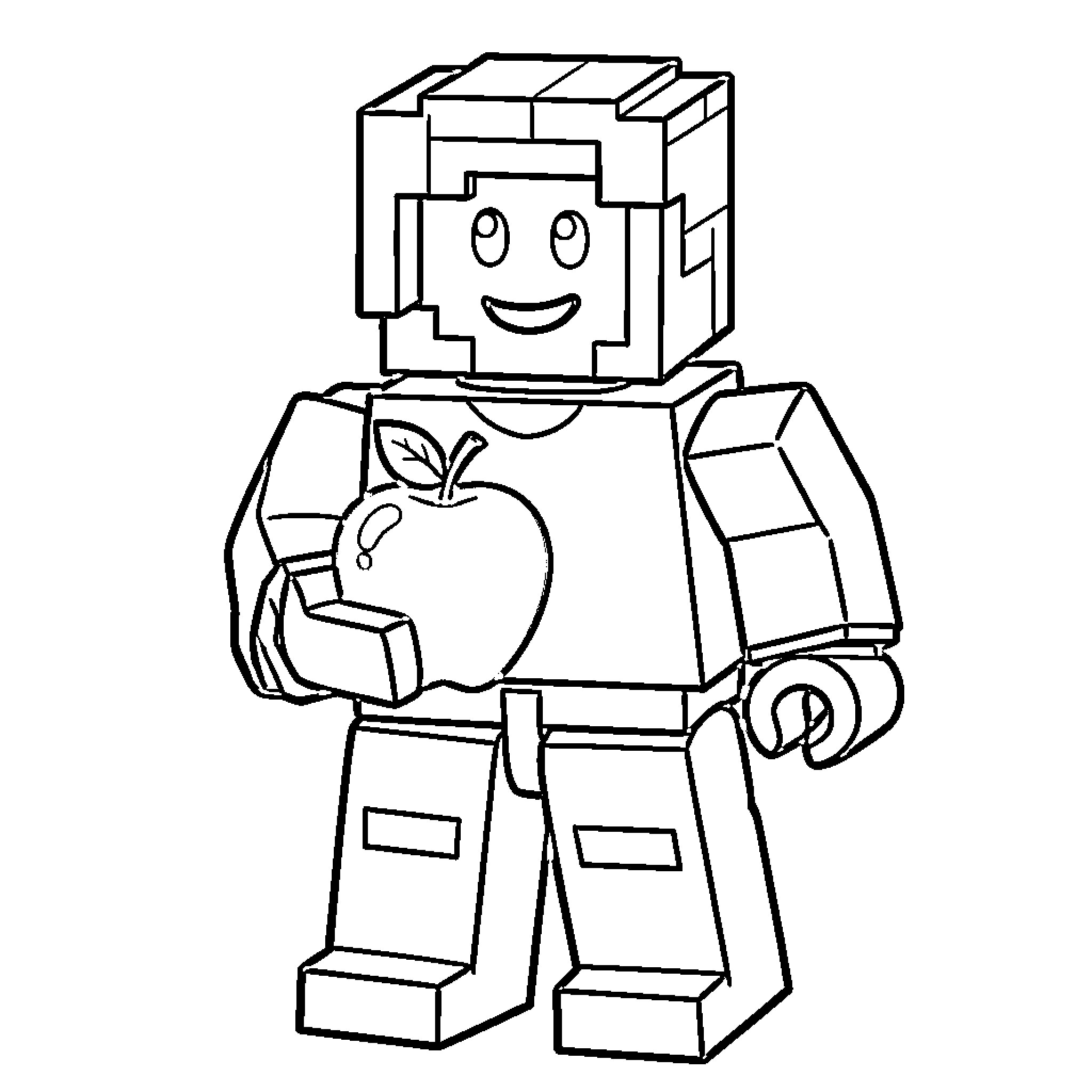 Roblox Guy Holding an Apple Coloring Page (free black-and-white line drawing printable PDF for all, from beginners to advanced learners, including children, teens, adults, and seniors)