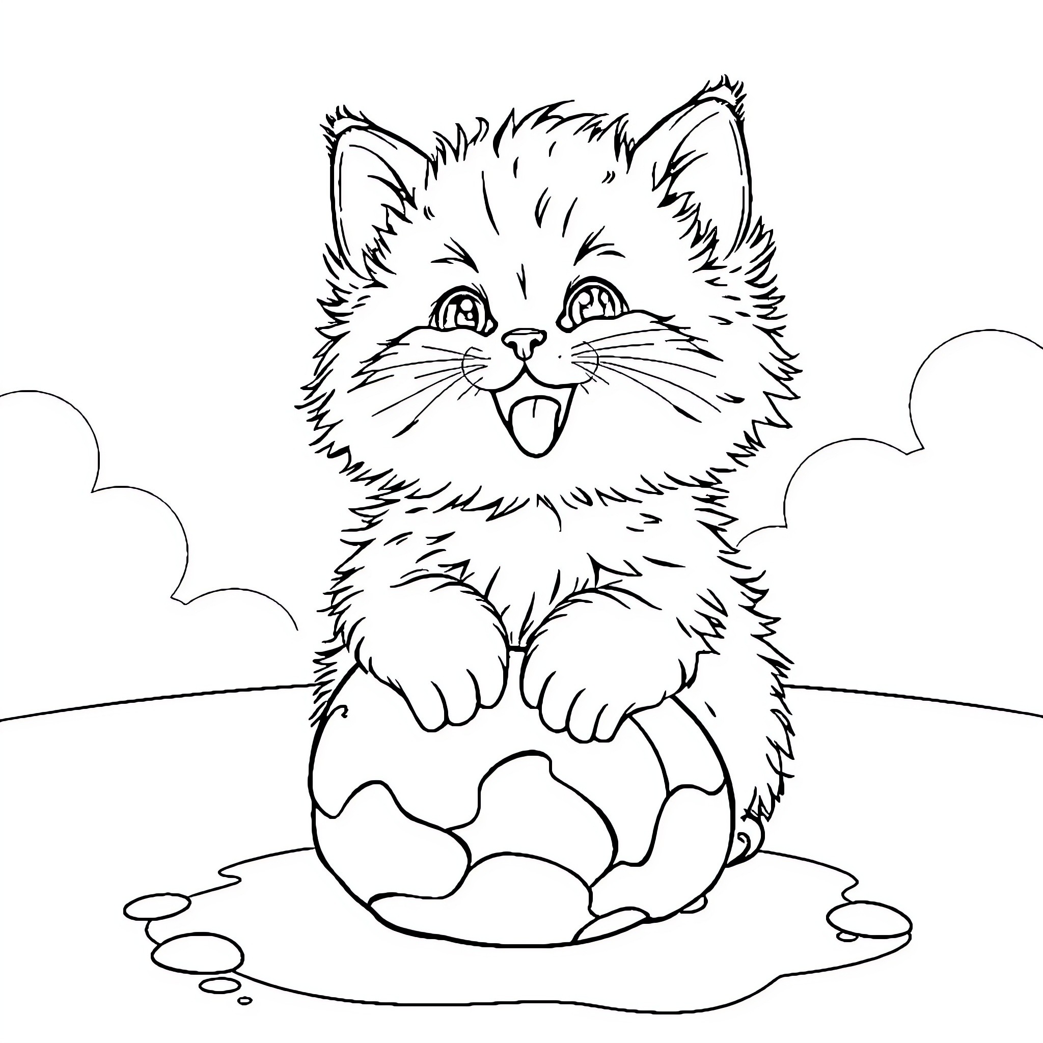 Kitty Sitting in Cracked Egg Coloring Page (free black-and-white line drawing printable PDF for all, from beginners to advanced learners, including children, teens, adults, and seniors)