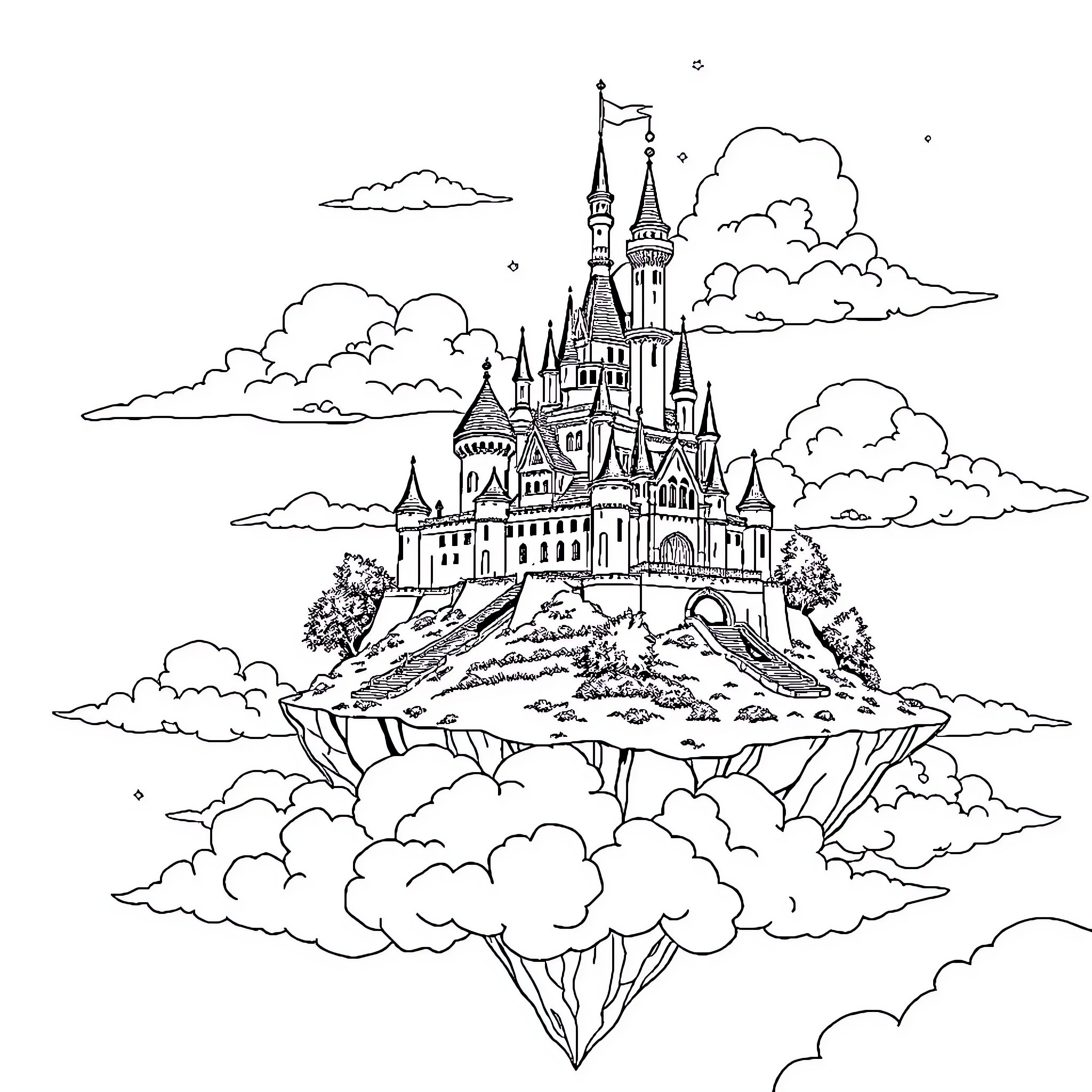 Castle in the Clouds: A Magical Floating Kingdom Coloring Page (free black-and-white line drawing printable PDF for all, from beginners to advanced learners, including children, teens, adults, and seniors)