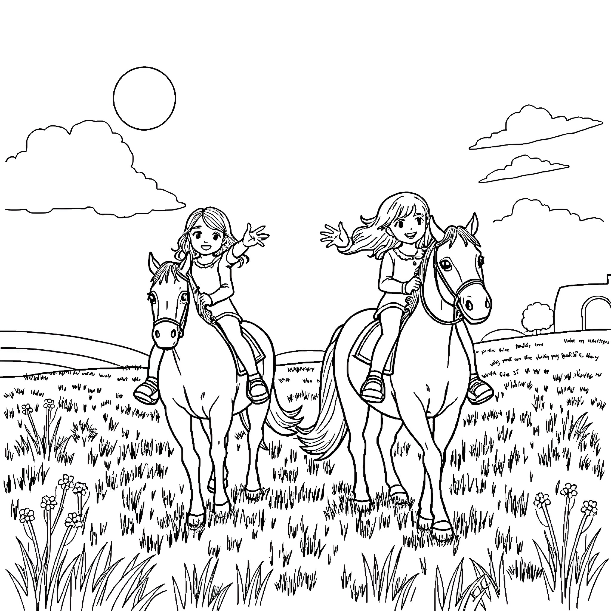 Girls riding horses in an outdoor meadow Coloring Page (free black-and-white line drawing printable PDF for all, from beginners to advanced learners, including children, teens, adults, and seniors)