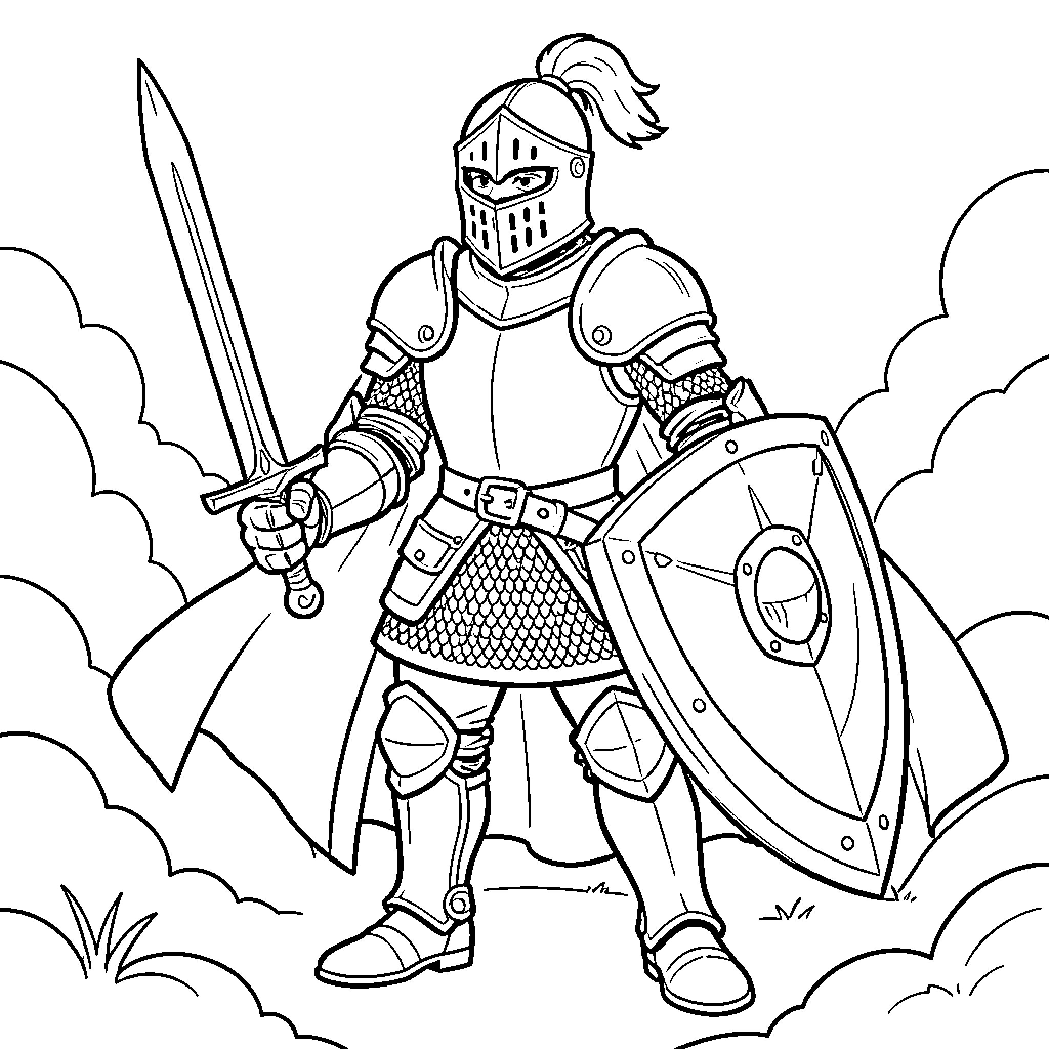 Knight in full armor holding a sword and shield Coloring Page (free black-and-white line drawing printable PDF for all, from beginners to advanced learners, including children, teens, adults, and seniors)