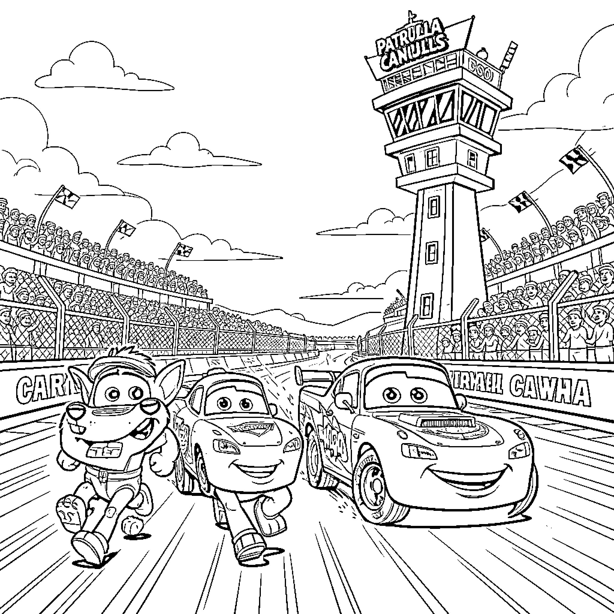Chase to the Finish Line at Piston Cup Race Coloring Page (free black-and-white line drawing printable PDF for all, from beginners to advanced learners, including children, teens, adults, and seniors)