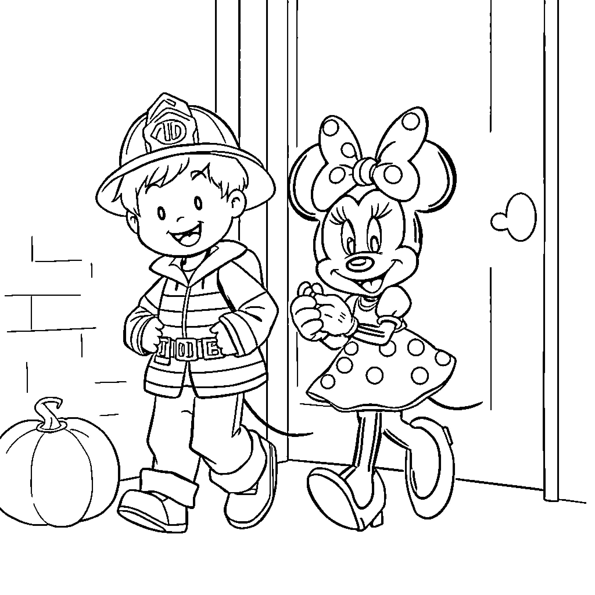 Kid firefighter and princess posing together Coloring Page (free black-and-white line drawing printable PDF for all, from beginners to advanced learners, including children, teens, adults, and seniors)