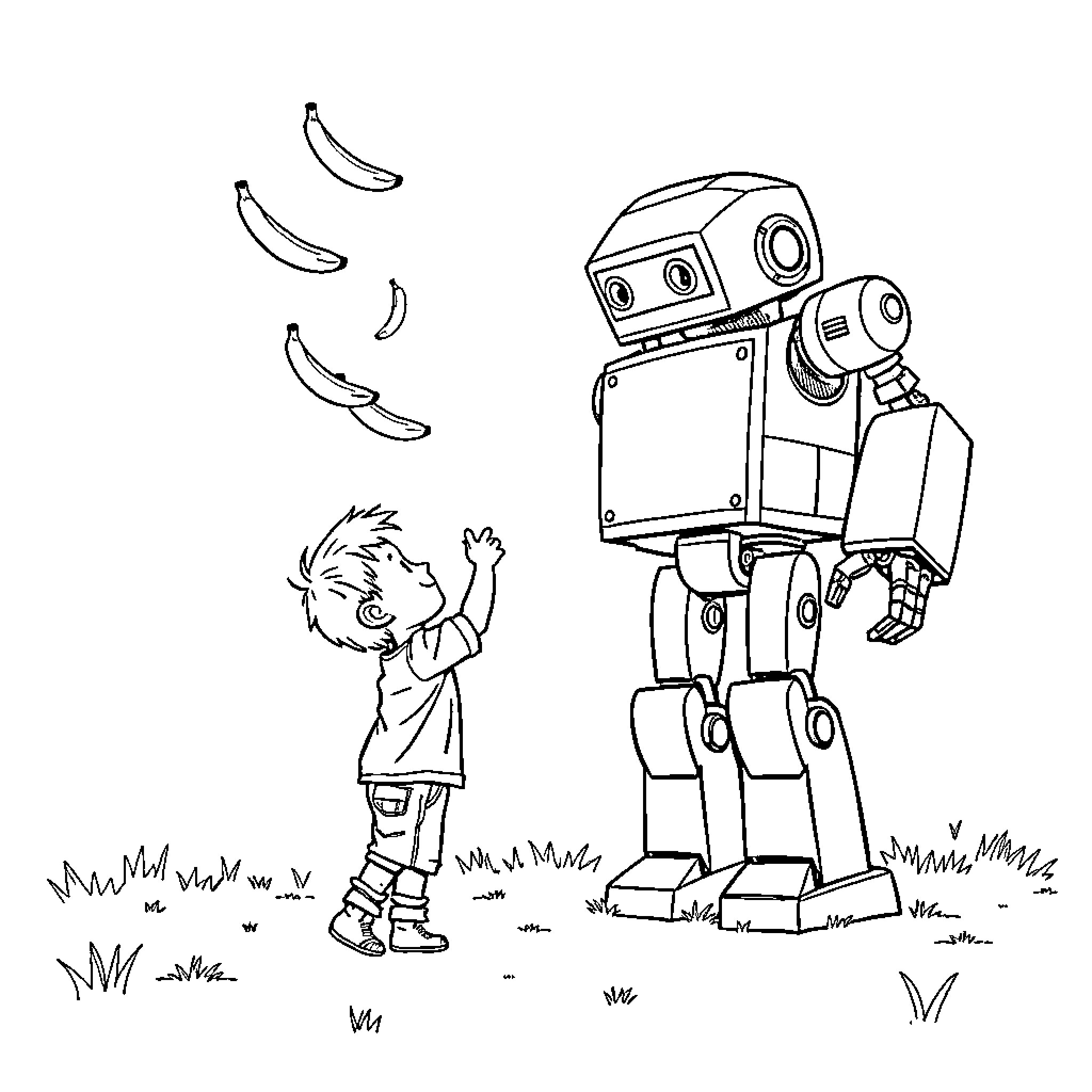Boy Delighted by Robotic Companion in Grassy Field Coloring Page (free black-and-white line drawing printable PDF for all, from beginners to advanced learners, including children, teens, adults, and seniors)