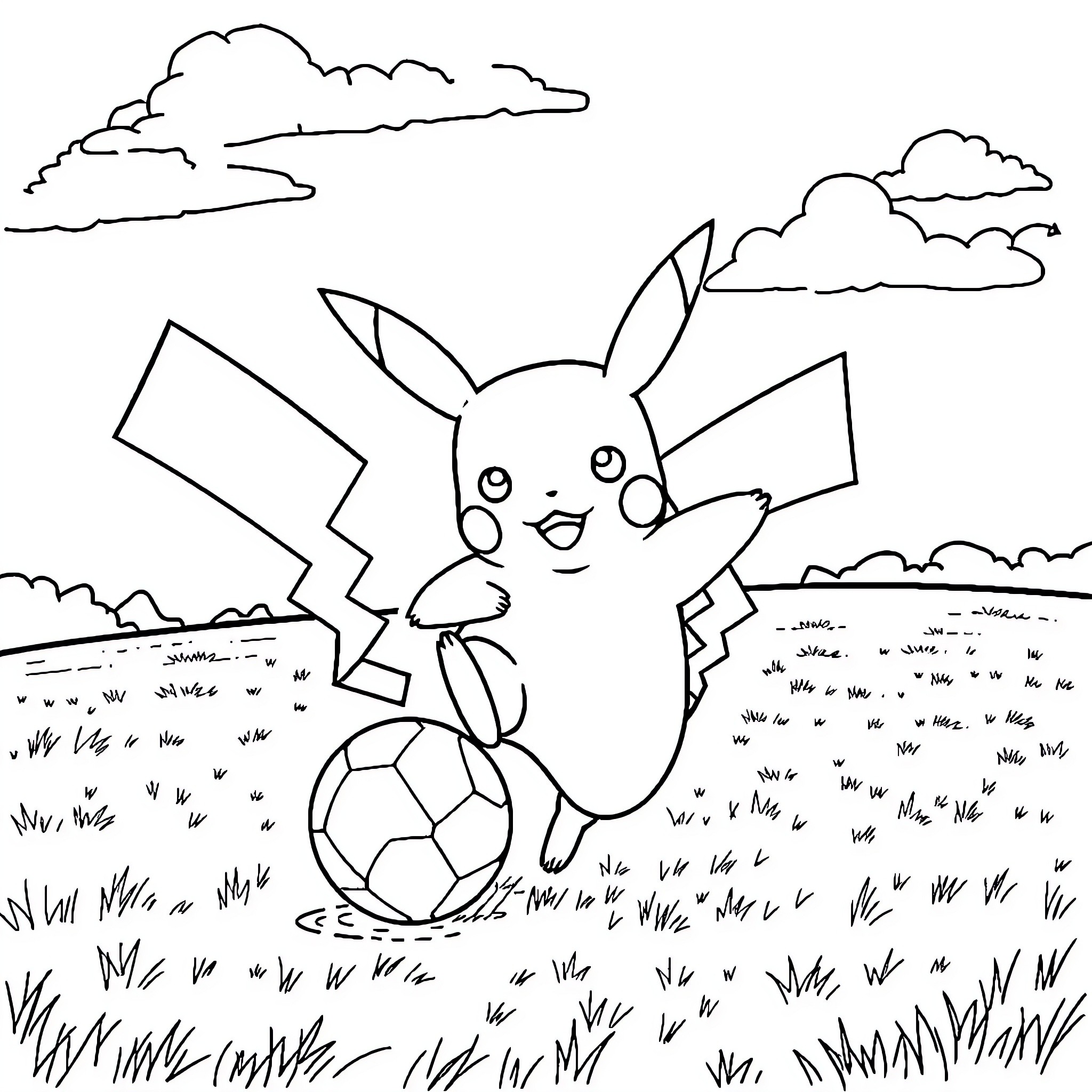 Pikachu playing with a soccer ball in a grassy field Coloring Page (free black-and-white line drawing printable PDF for all, from beginners to advanced learners, including children, teens, adults, and seniors)