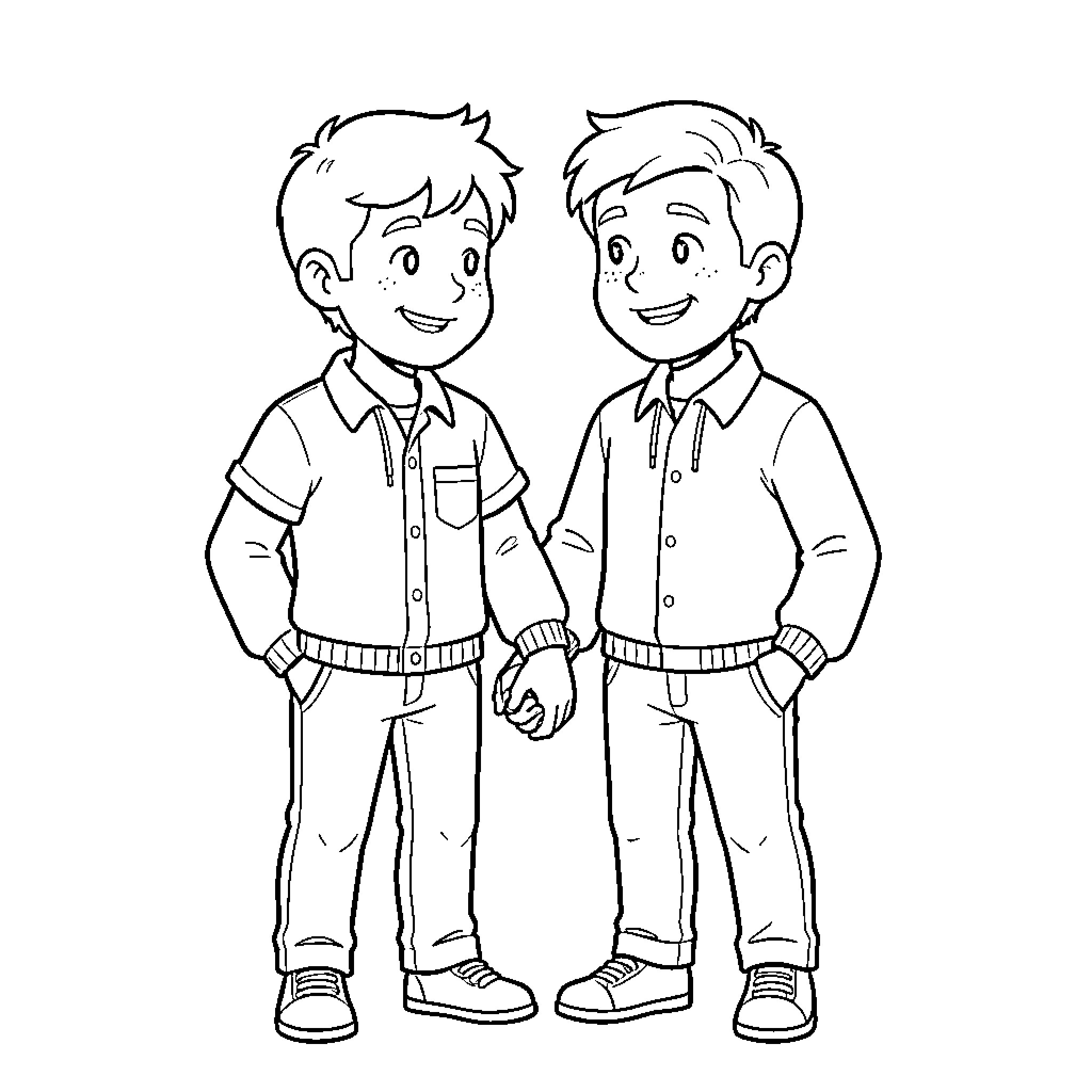 Eliseo and a friend holding hands and smiling Coloring Page (free black-and-white line drawing printable PDF for all, from beginners to advanced learners, including children, teens, adults, and seniors)