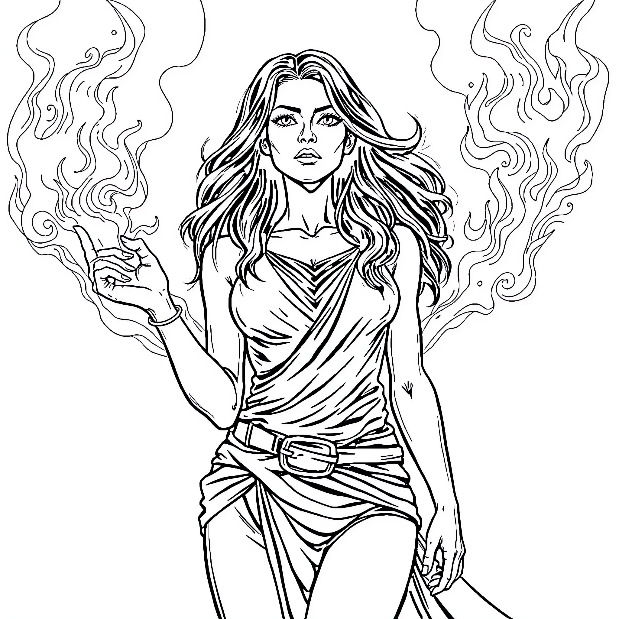 Woman wielding magical powers with fierce expression Coloring Page (free black-and-white line drawing printable PDF for all, from beginners to advanced learners, including children, teens, adults, and seniors)