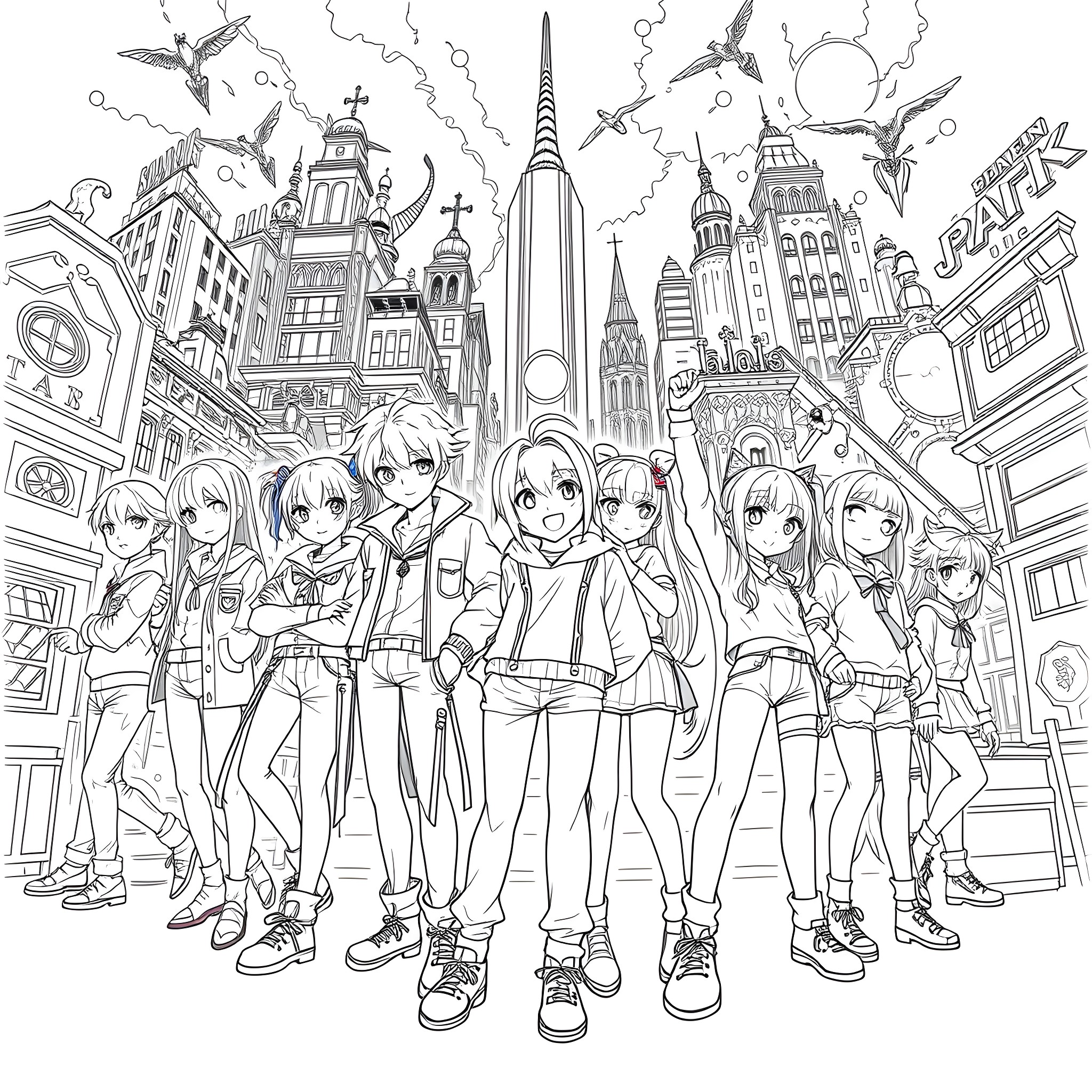 Anime Characters Exploring the Bustling City Skyline Coloring Page (free black-and-white line drawing printable PDF for all, from beginners to advanced learners, including children, teens, adults, and seniors)