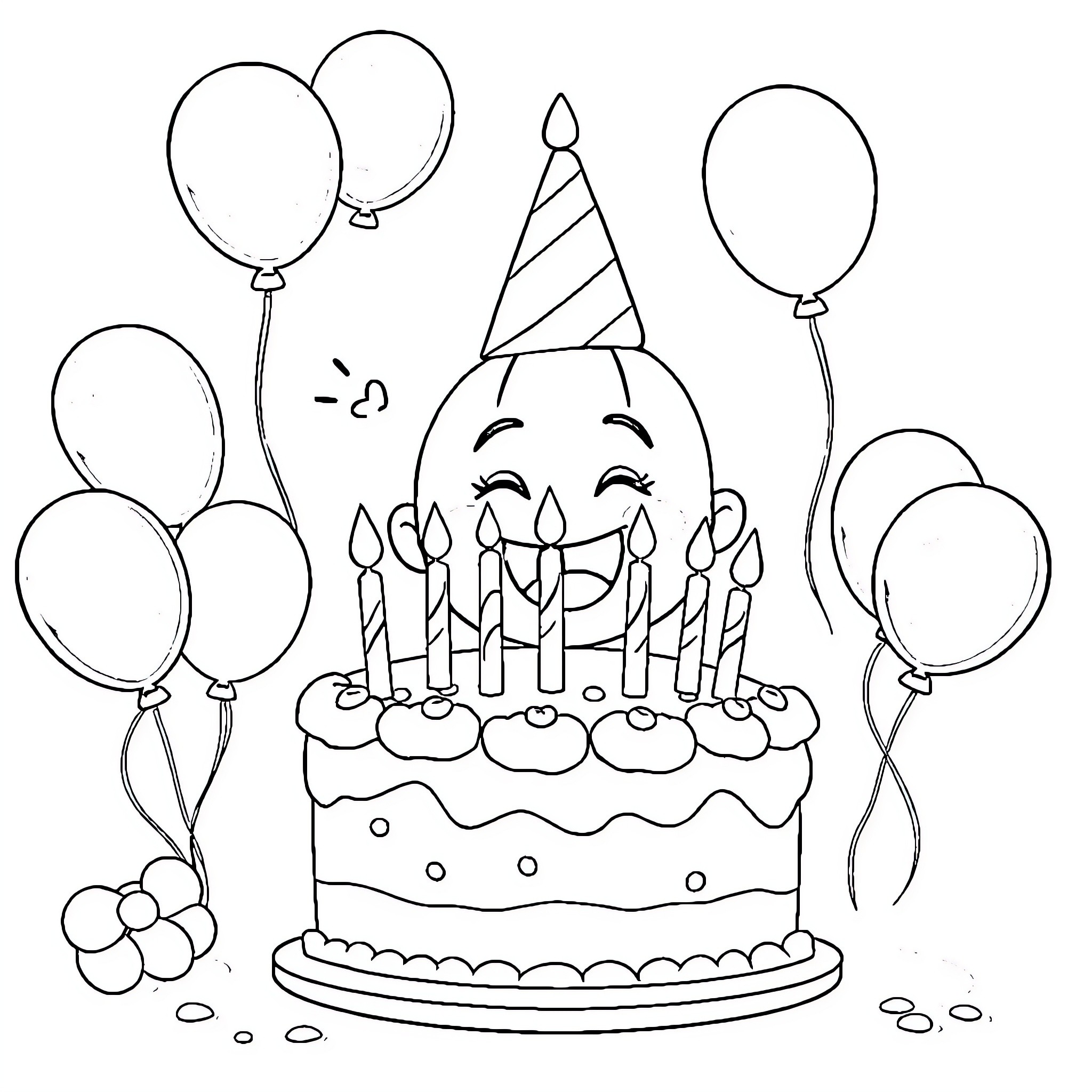 JJ Birthday Celebration with Cake and Balloons Coloring Page (free black-and-white line drawing printable PDF for all, from beginners to advanced learners, including children, teens, adults, and seniors)