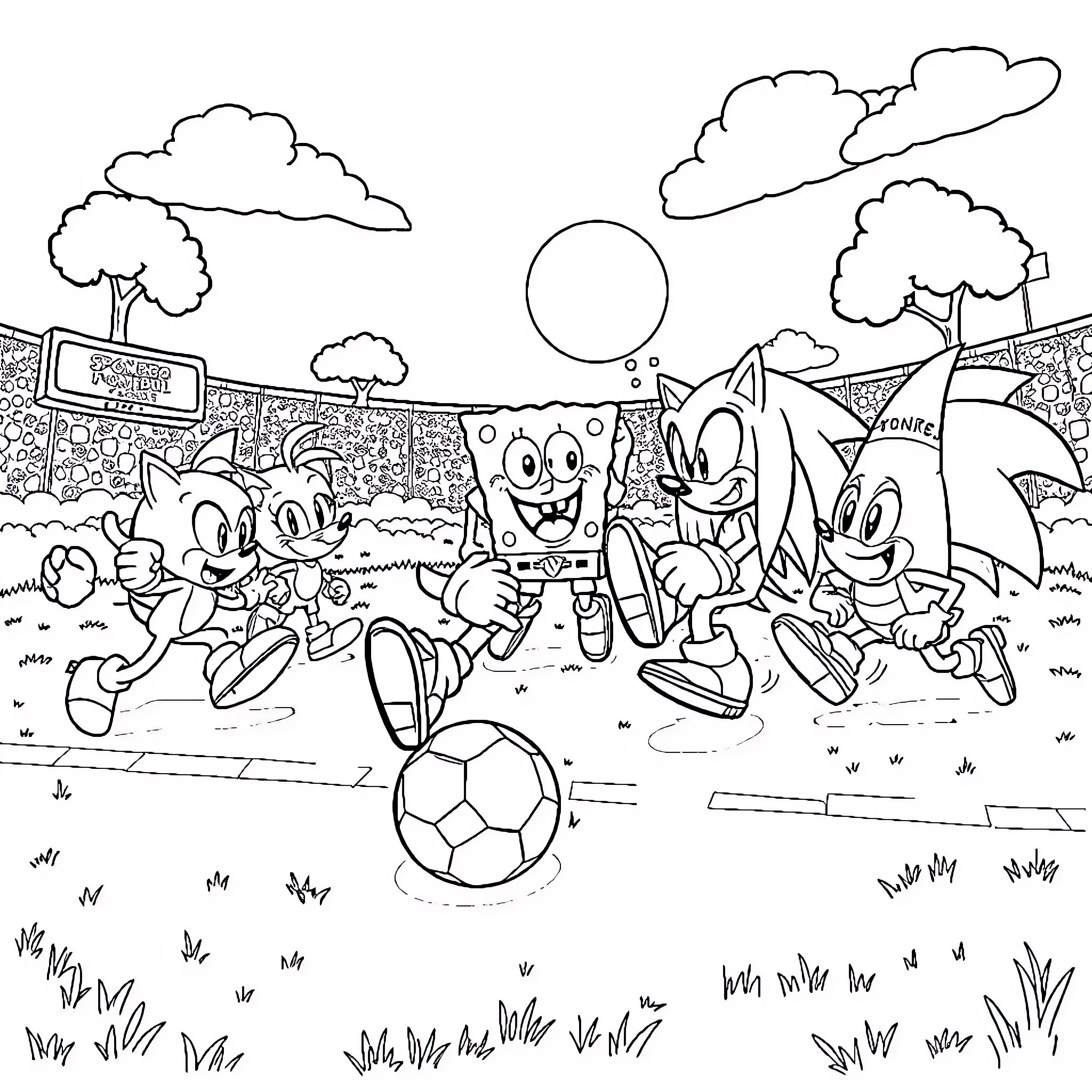 Sonic characters playing joyfully in a sports field Coloring Page (free black-and-white line drawing printable PDF for all, from beginners to advanced learners, including children, teens, adults, and seniors)