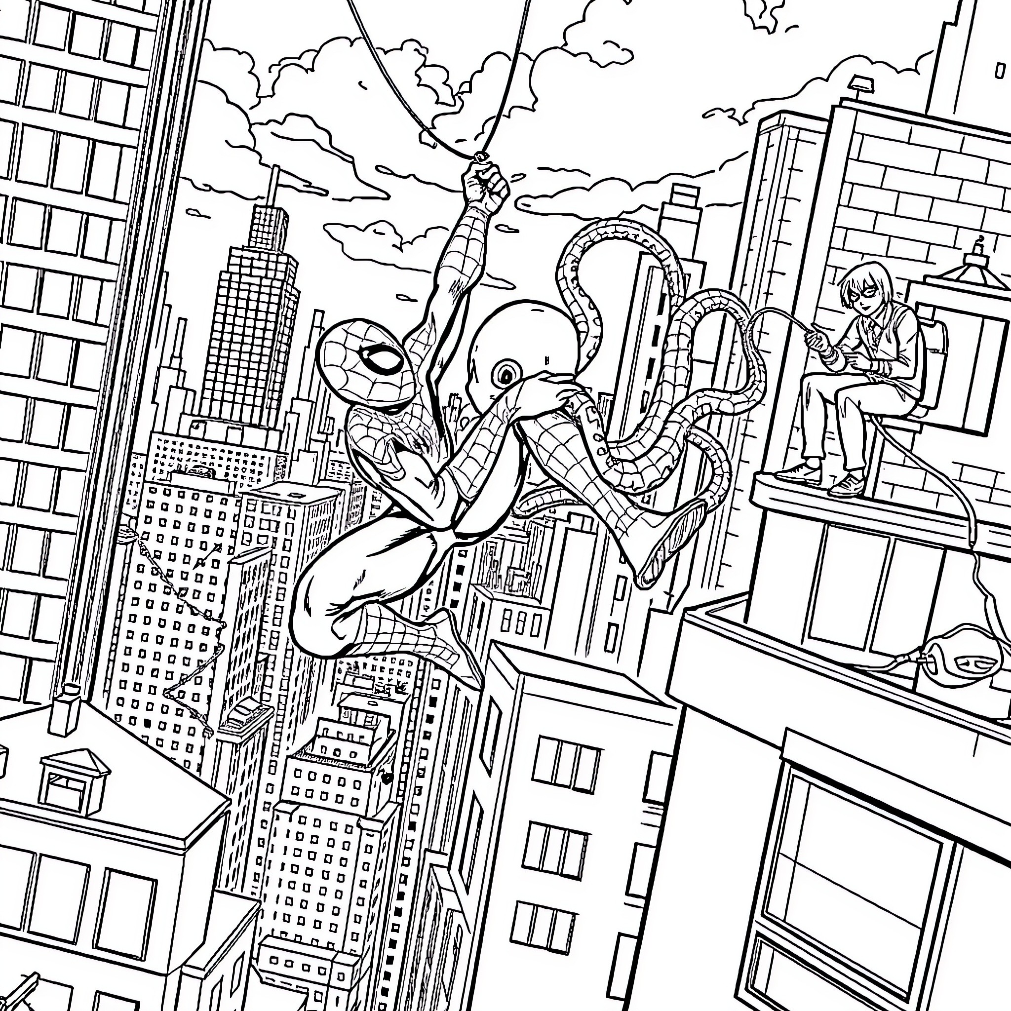 Spider characters in action against urban backdrop Coloring Page (free black-and-white line drawing printable PDF for all, from beginners to advanced learners, including children, teens, adults, and seniors)