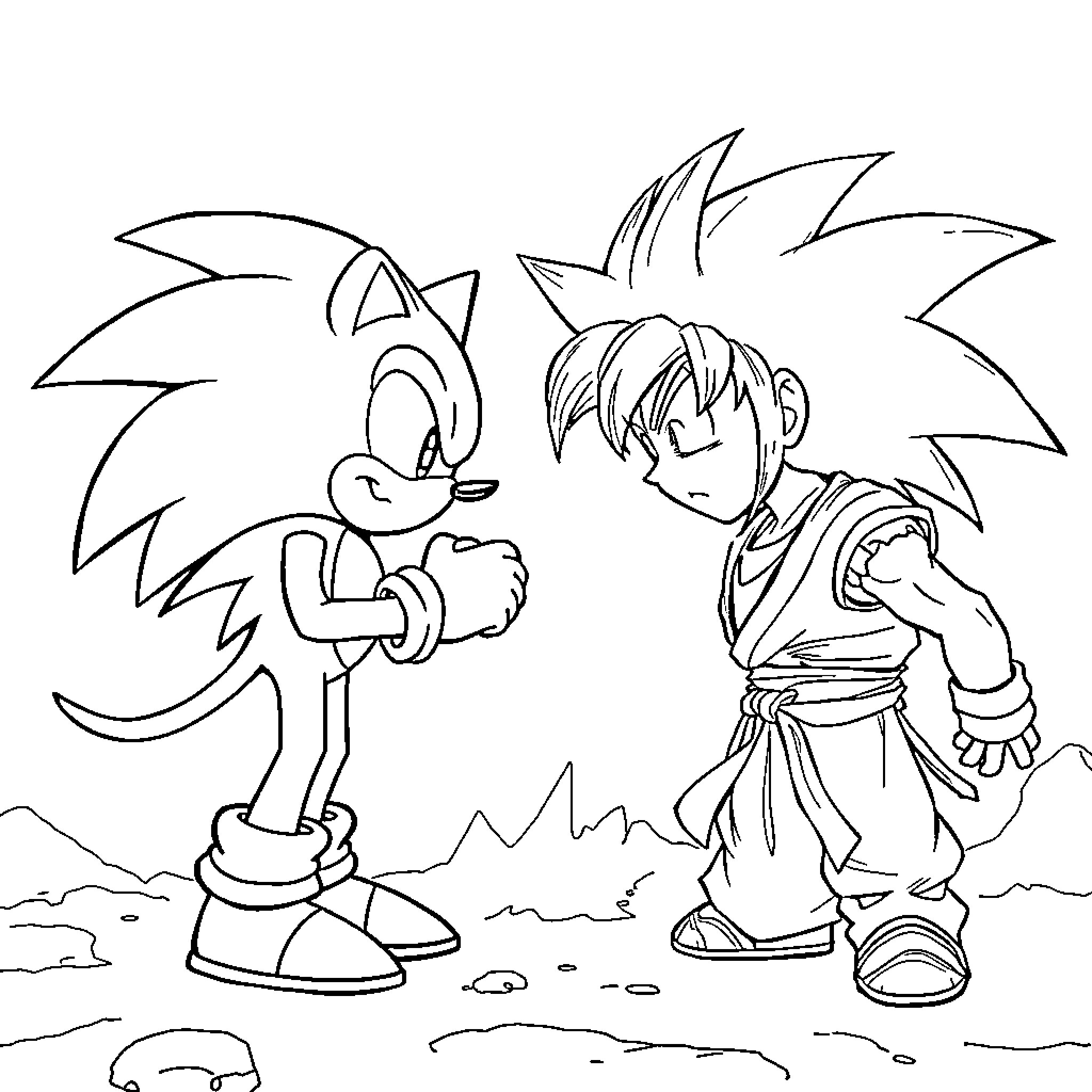 Sonic and Goku Facing Off in a Dramatic Encounter Coloring Page (free black-and-white line drawing printable PDF for all, from beginners to advanced learners, including children, teens, adults, and seniors)