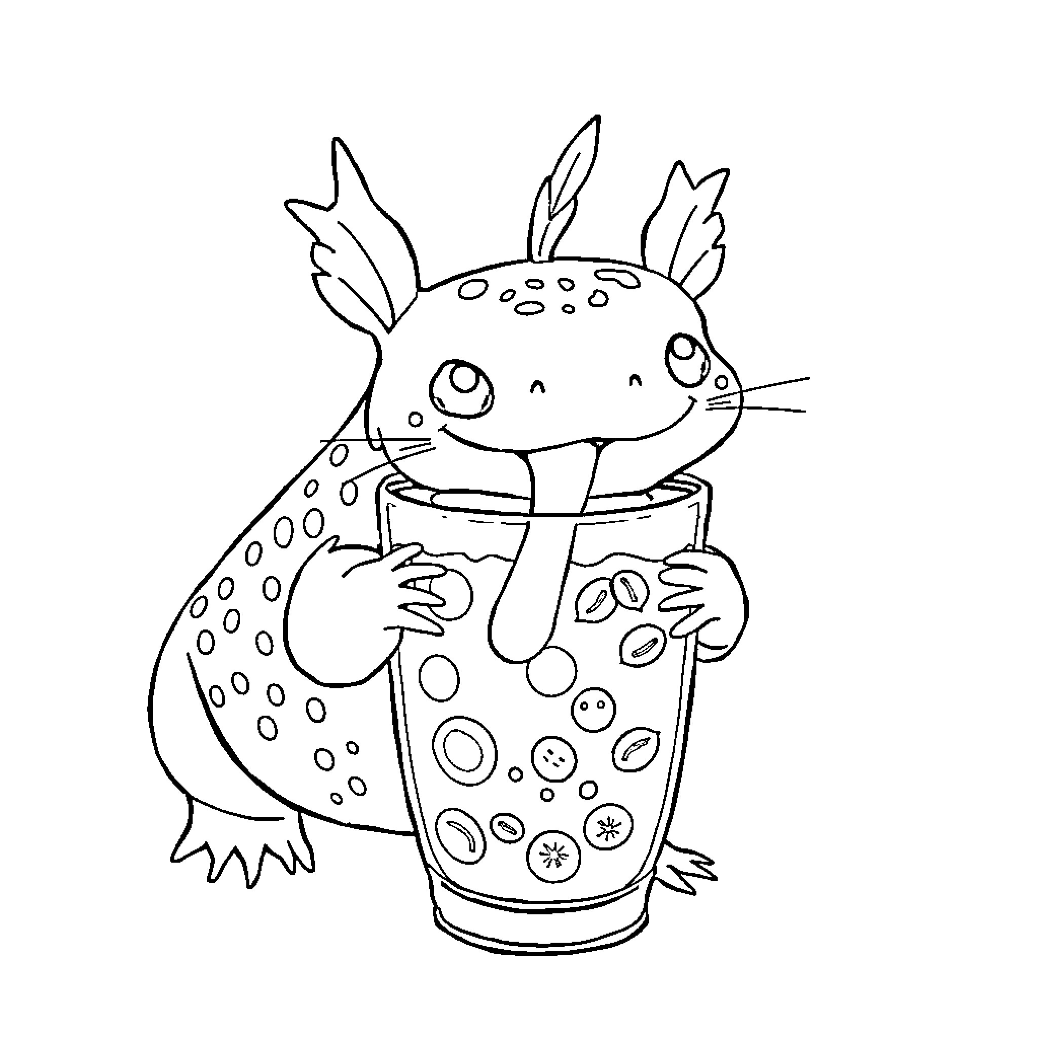 Axolotl enjoying a refreshing drink Coloring Page (free black-and-white line drawing printable PDF for all, from beginners to advanced learners, including children, teens, adults, and seniors)