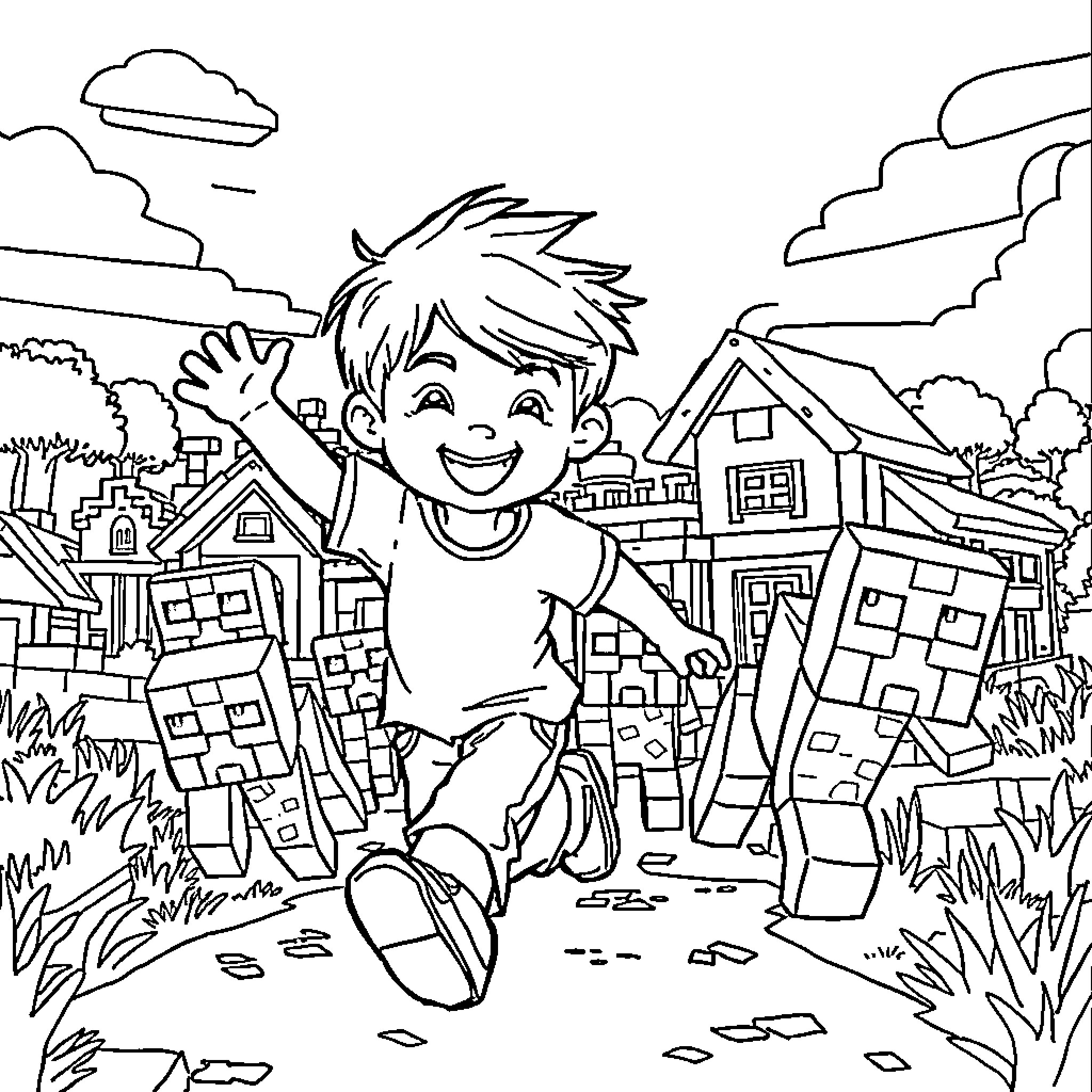 Boy playfully exploring the neighborhood Coloring Page (free black-and-white line drawing printable PDF for all, from beginners to advanced learners, including children, teens, adults, and seniors)